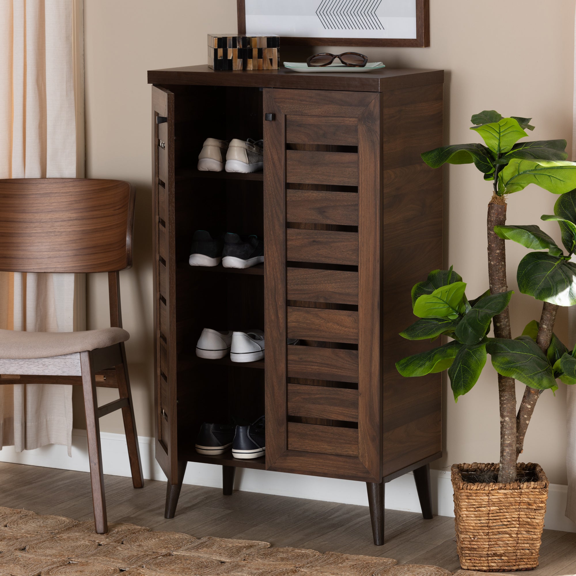 Baxton Studio Salma Modern and Contemporary Walnut Brown Finished Wood 2-Door Shoe Storage Cabinet