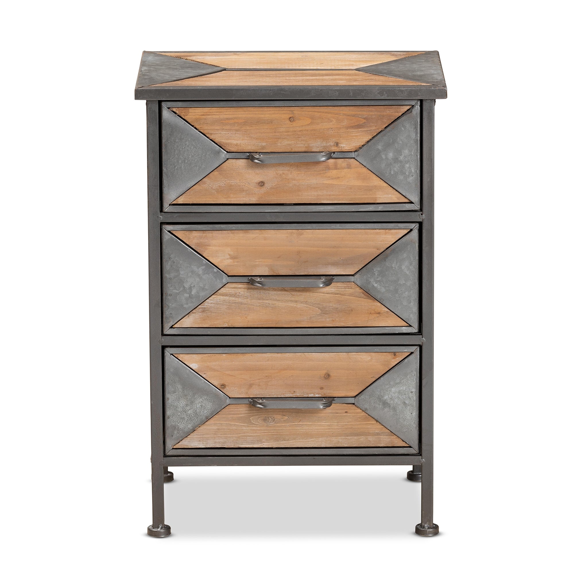 Baxton Studio Laurel Rustic Industrial Antique Grey Finished Metal and Whitewashed Oak Brown Finished Wood 3-Drawer End Table