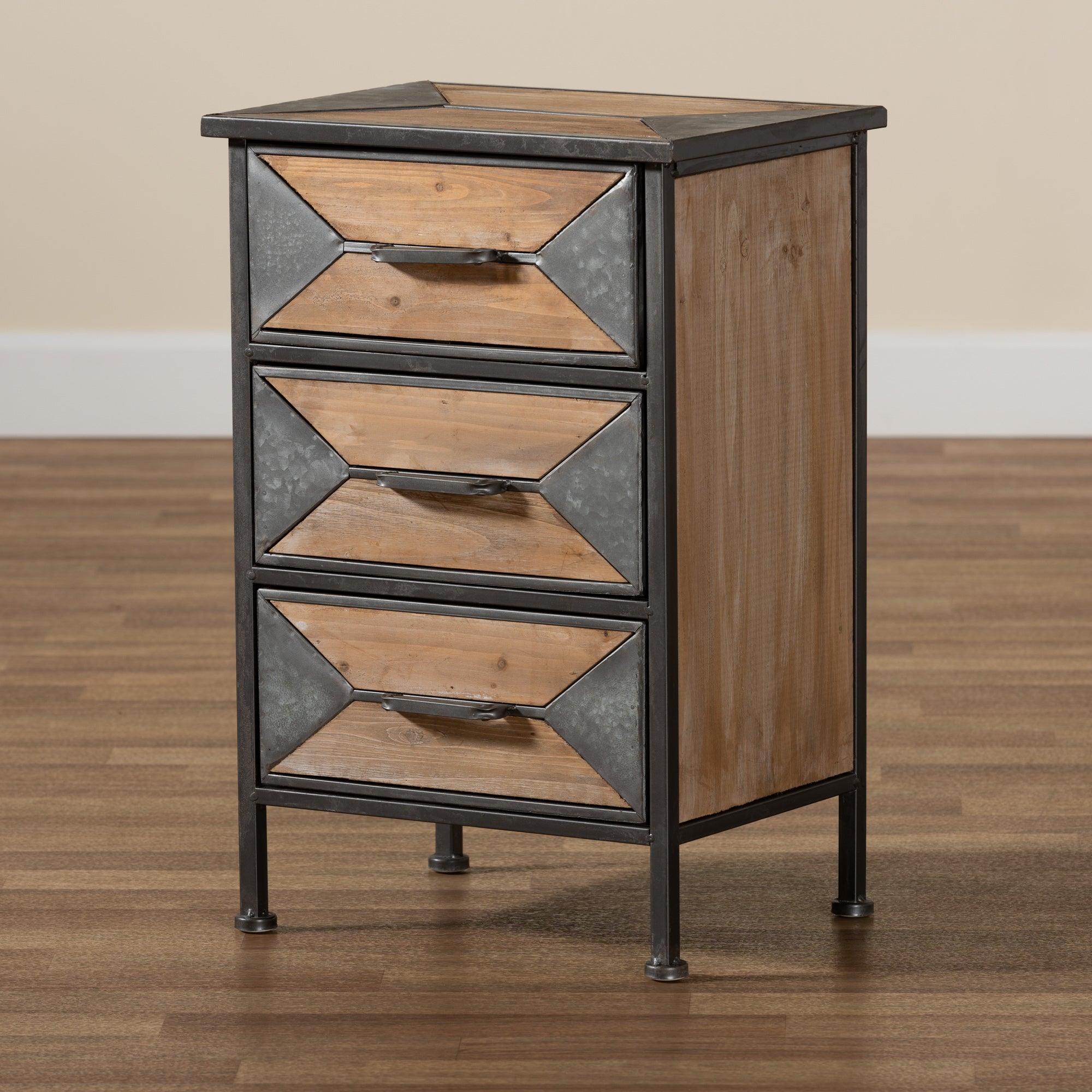 Baxton Studio Laurel Rustic Industrial Antique Grey Finished Metal and Whitewashed Oak Brown Finished Wood 3-Drawer End Table