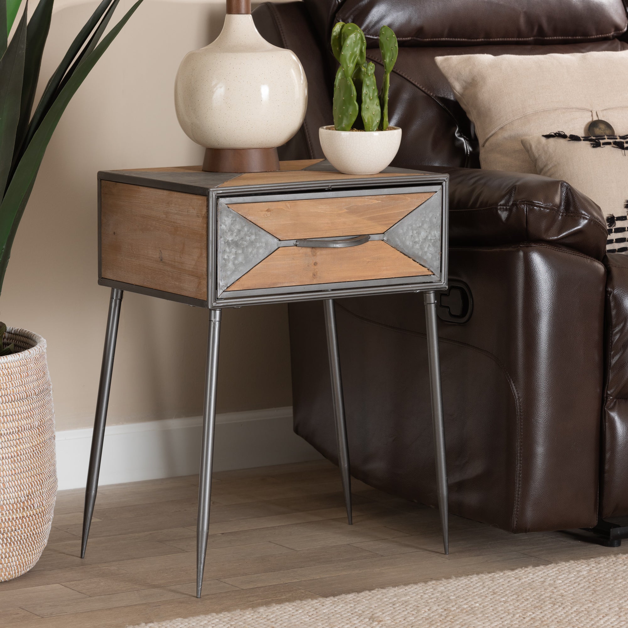 Baxton Studio Laurel Rustic Industrial Antique Grey Finished Metal and Whitewashed Oak Brown Finished Wood 1-Drawer End Table