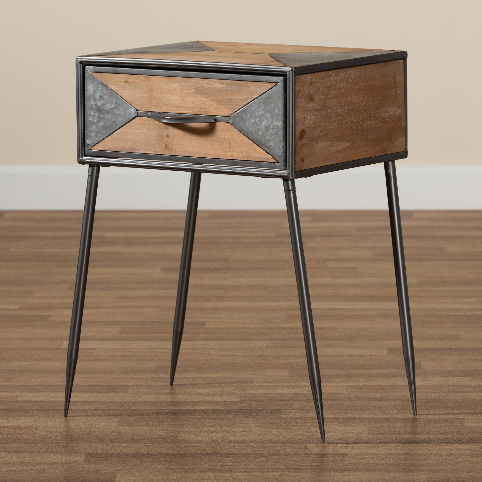 Baxton Studio Laurel Rustic Industrial Antique Grey Finished Metal and Whitewashed Oak Brown Finished Wood 1-Drawer End Table