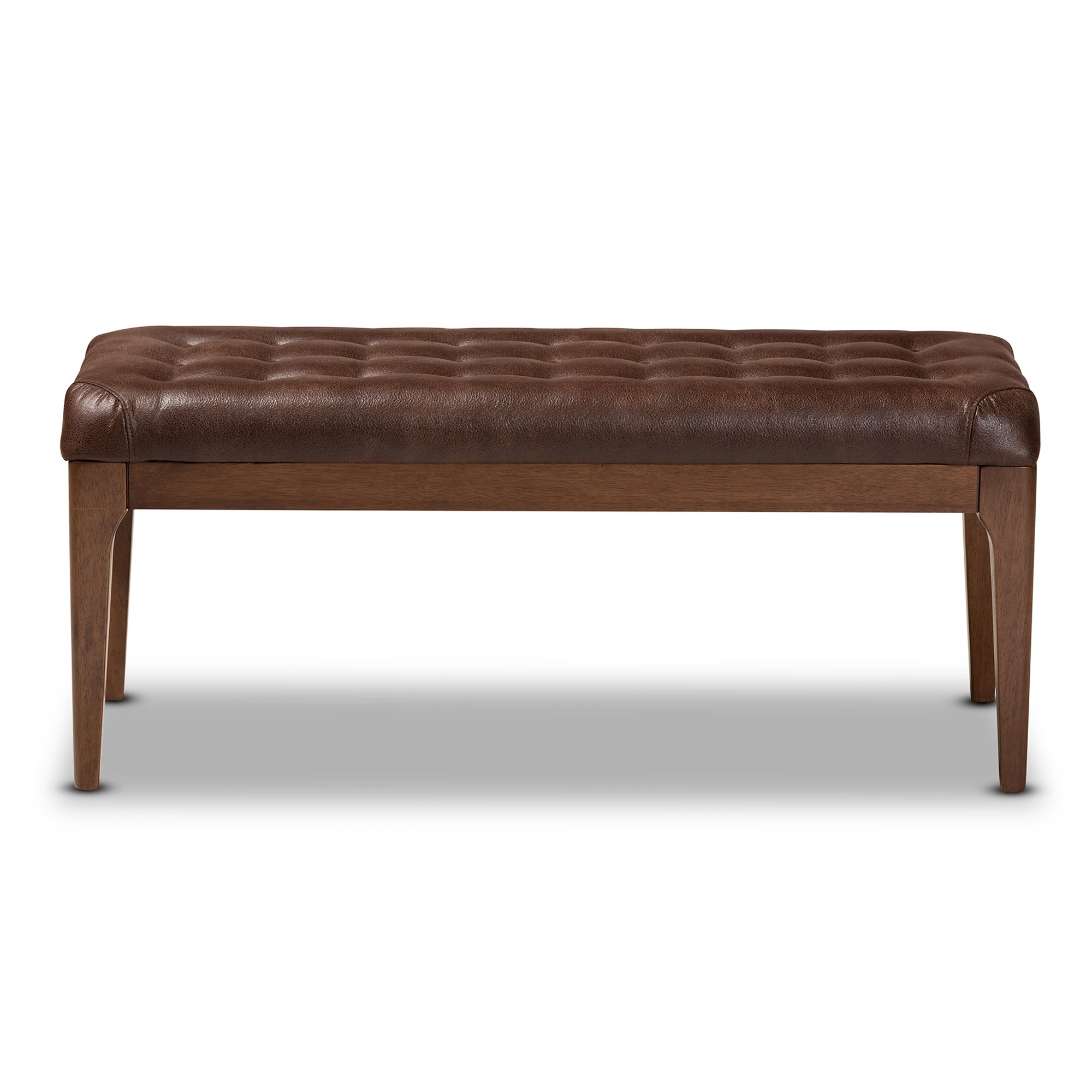Baxton Studio Walsh Mid-Century Modern Dark Brown Leather-Effect Polyester Fabric Upholstered and Walnut Brown Finished Wood Dining Bench