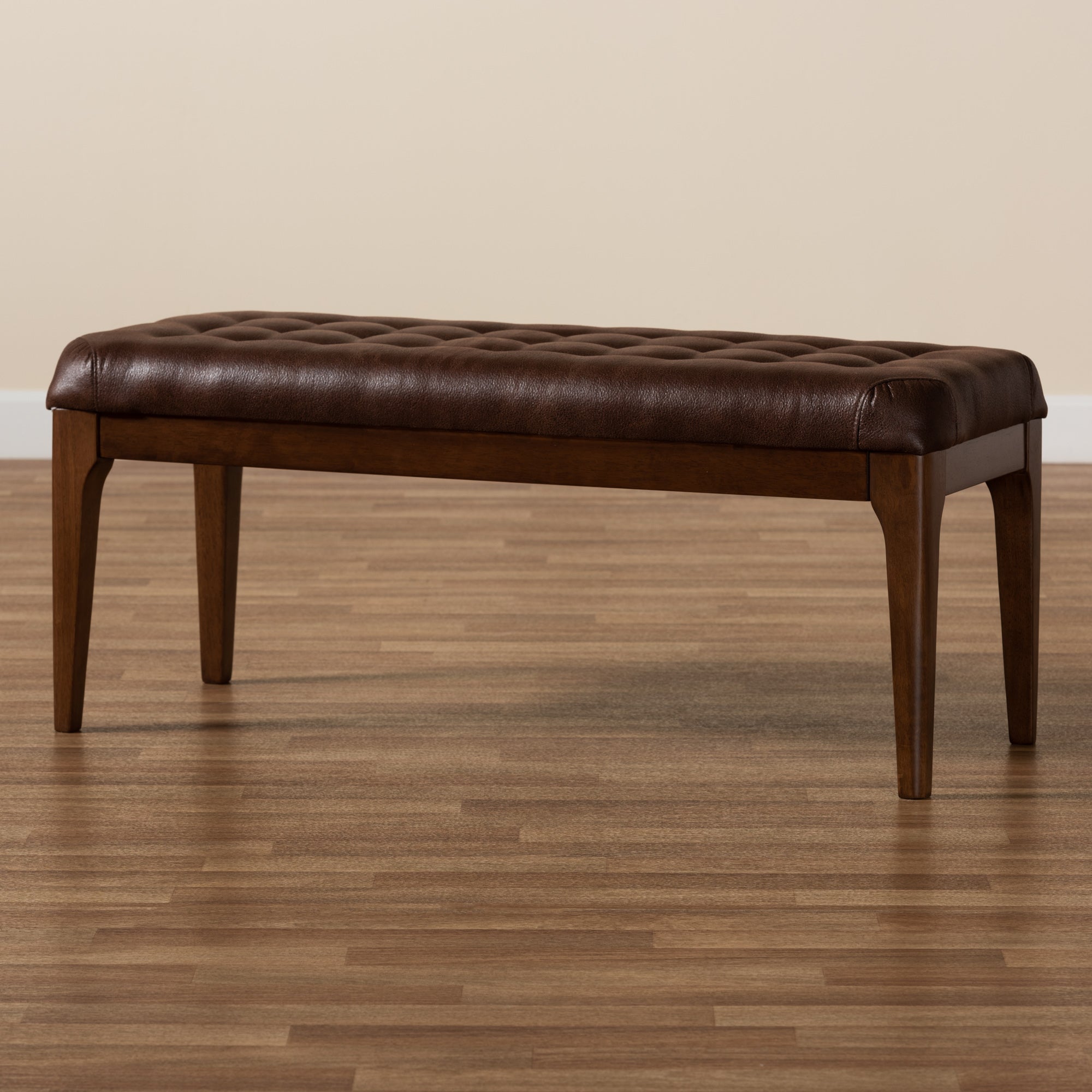 Baxton Studio Walsh Mid-Century Modern Dark Brown Leather-Effect Polyester Fabric Upholstered and Walnut Brown Finished Wood Dining Bench