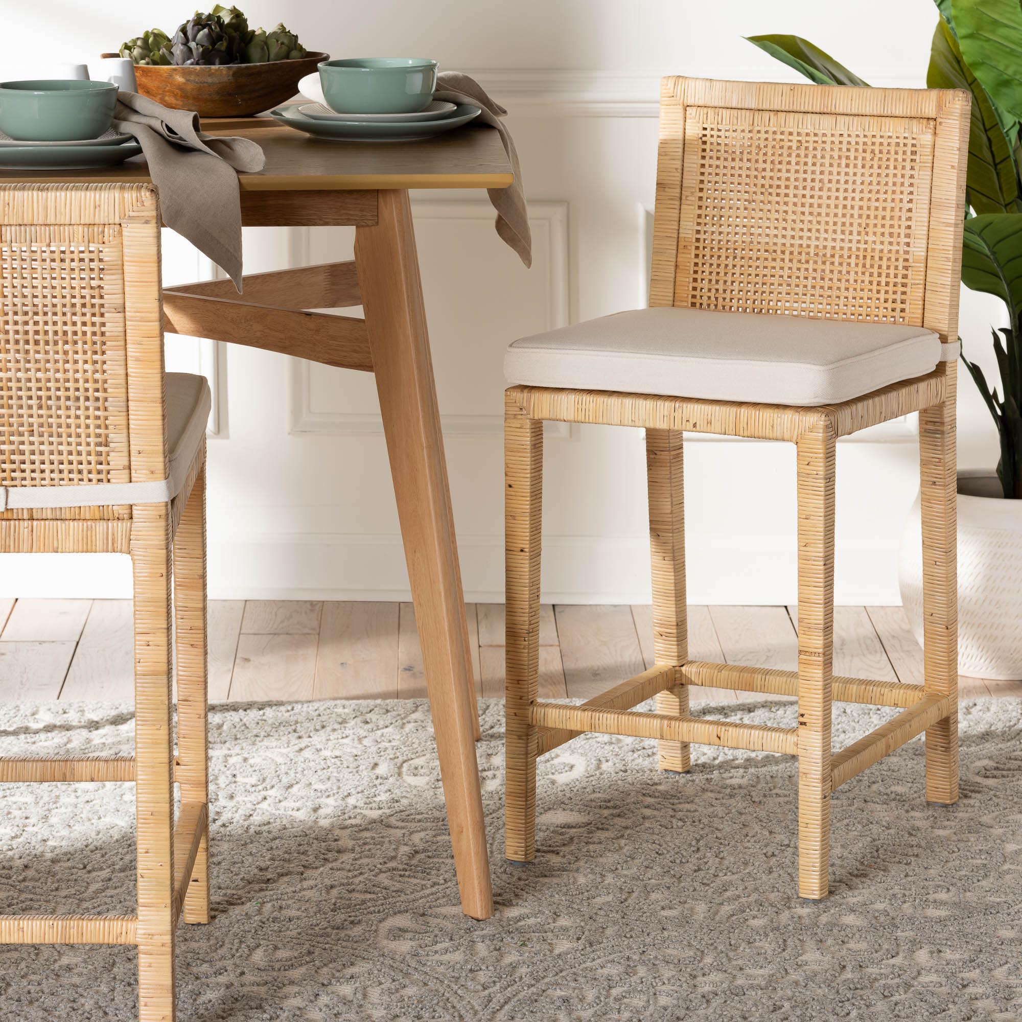 bali & pari Sofia Modern and Contemporary Natural Finished Wood and Rattan Counter Stool