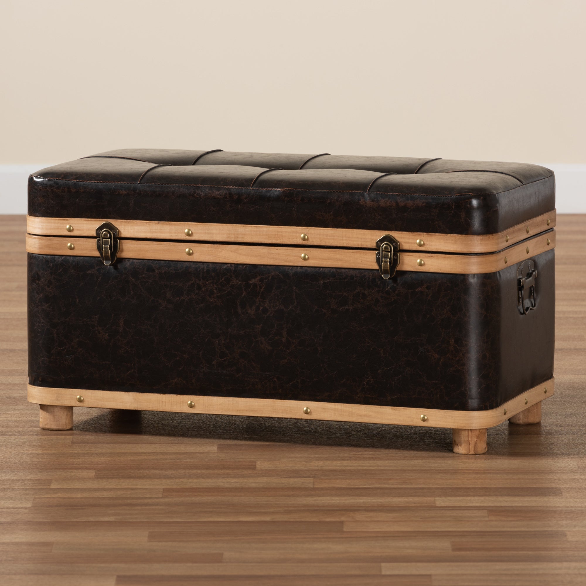 Baxton Studio Gendry Modern Rustic Transitional Dark Brown Faux Leather Upholstered and Oak Brown Finished Wood Large Storage Ottoman