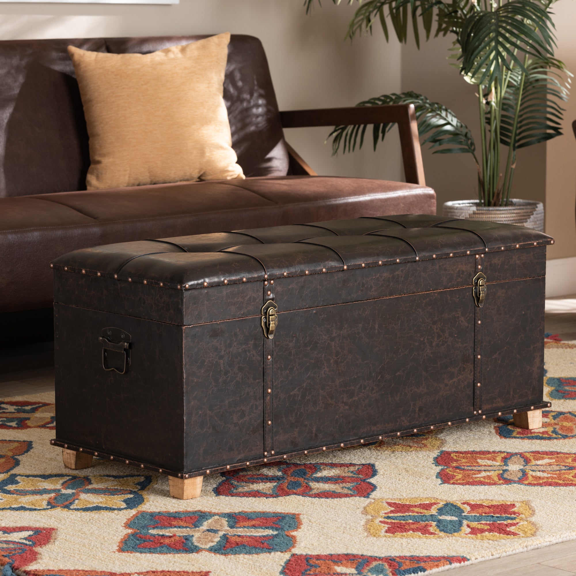 Baxton Studio Janna Rustic Transitional Dark Brown Faux Leather Upholstered and Oak Brown Finished Wood Storage Ottoman