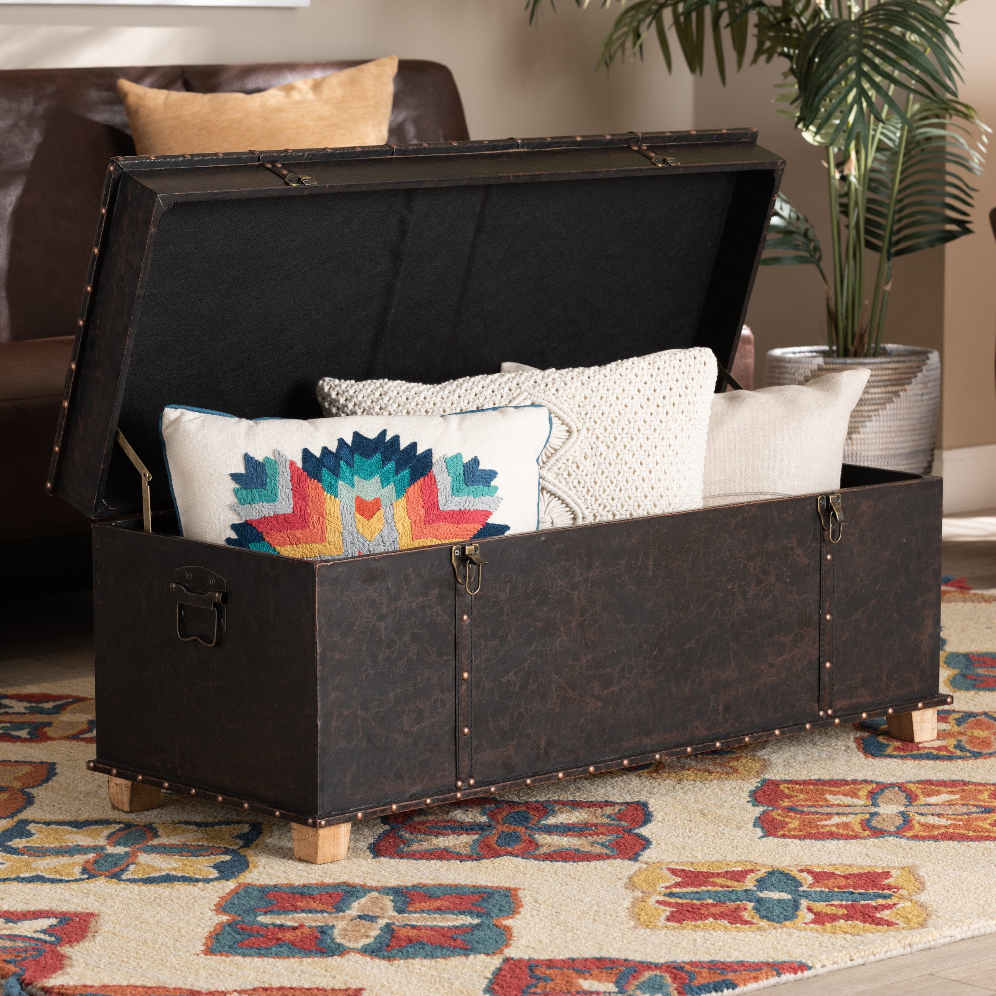 Baxton Studio Janna Rustic Transitional Dark Brown Faux Leather Upholstered and Oak Brown Finished Wood Storage Ottoman