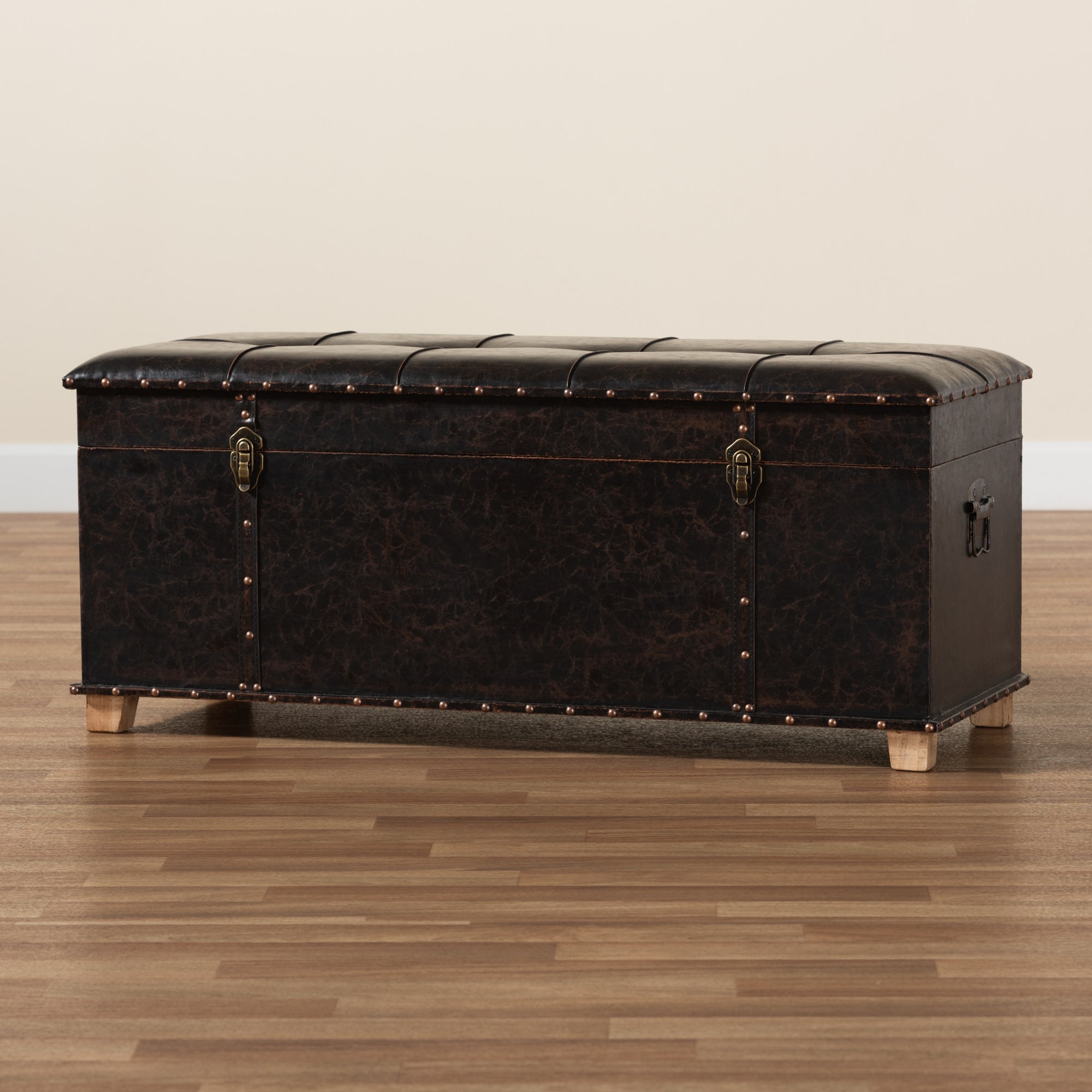 Baxton Studio Janna Rustic Transitional Dark Brown Faux Leather Upholstered and Oak Brown Finished Wood Storage Ottoman