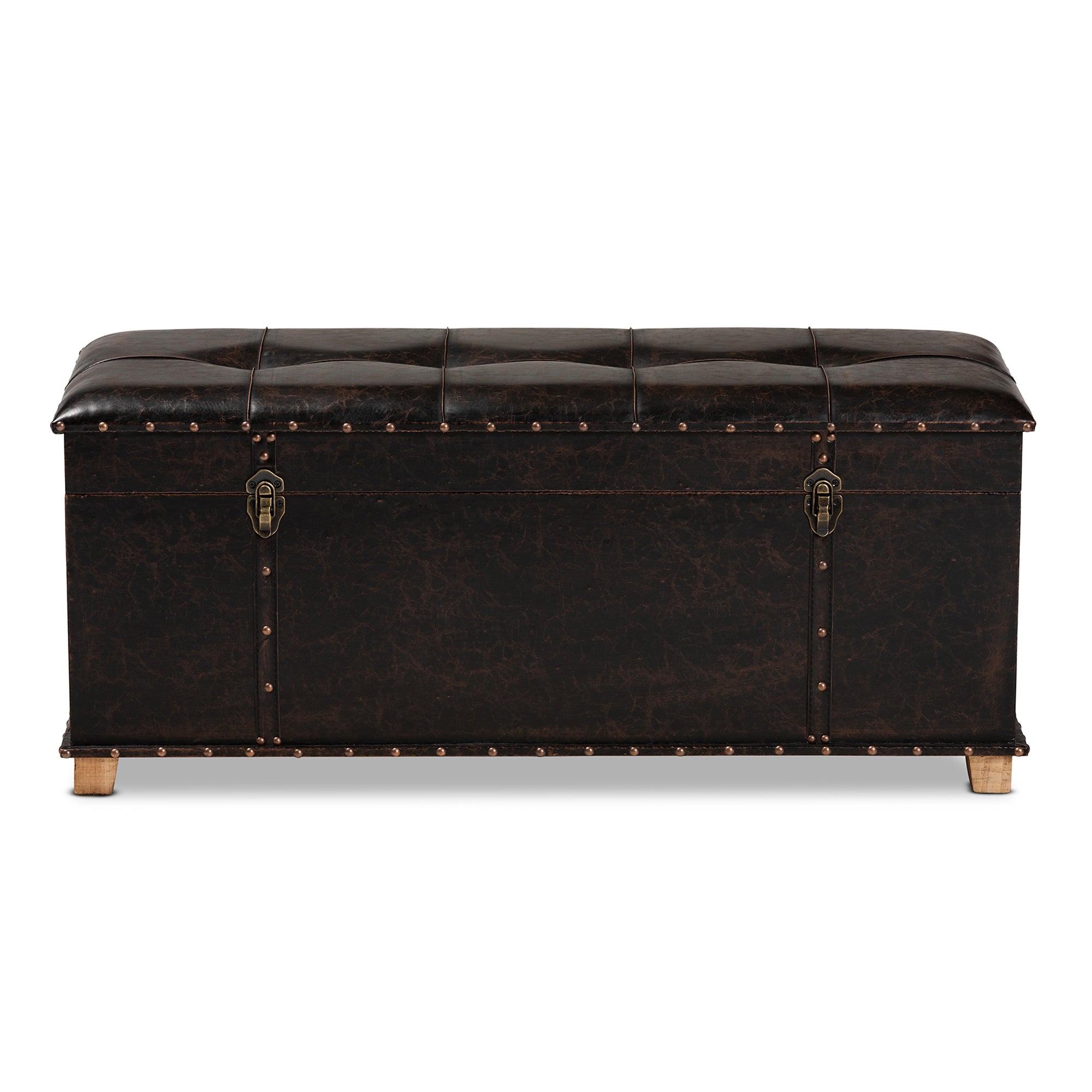 Baxton Studio Janna Rustic Transitional Dark Brown Faux Leather Upholstered and Oak Brown Finished Wood Storage Ottoman
