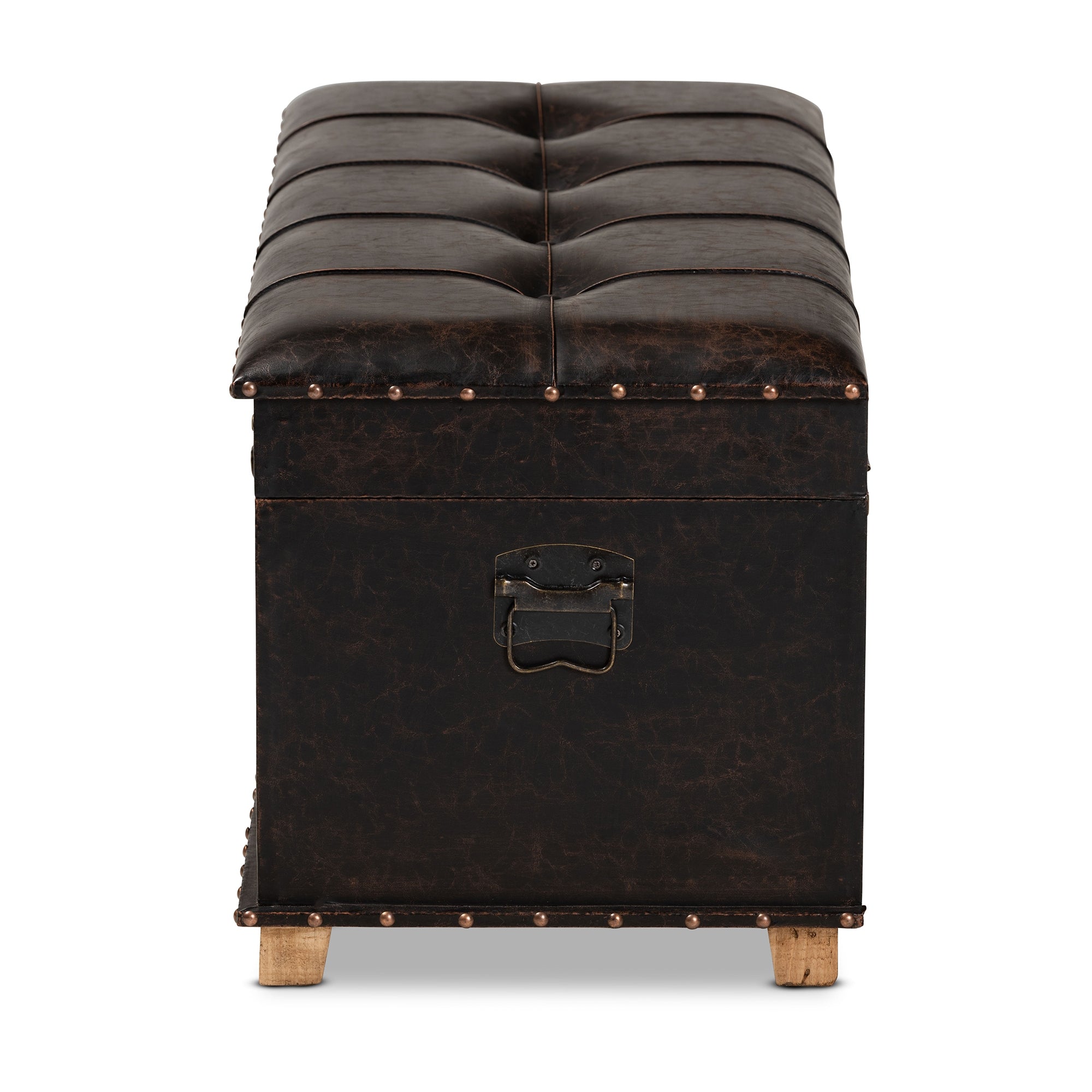 Baxton Studio Janna Rustic Transitional Dark Brown Faux Leather Upholstered and Oak Brown Finished Wood Storage Ottoman