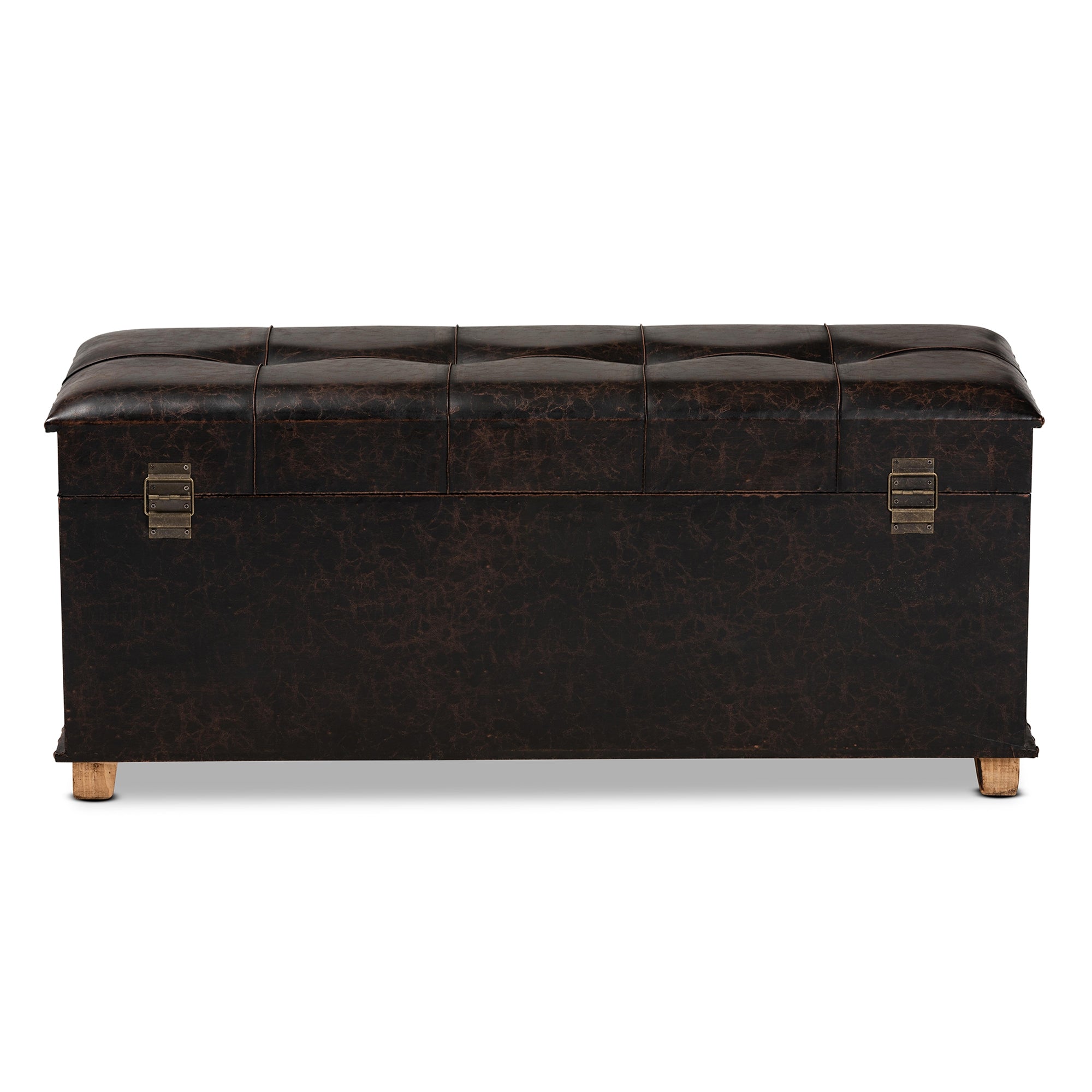 Baxton Studio Janna Rustic Transitional Dark Brown Faux Leather Upholstered and Oak Brown Finished Wood Storage Ottoman