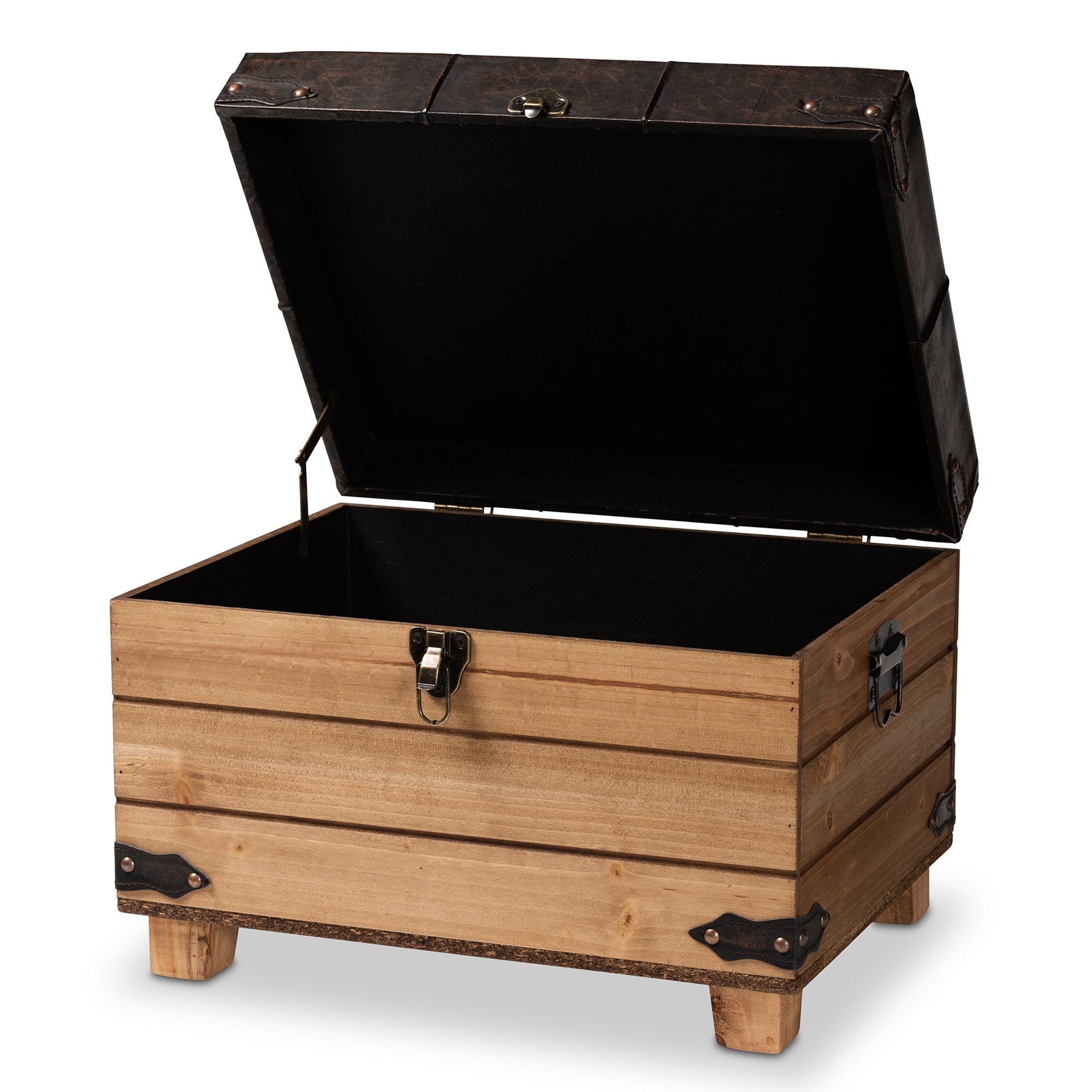 Baxton Studio Edmund Rustic Transitional Dark Brown Faux Leather Upholstered and Oak Brown Finished Wood Storage Ottoman