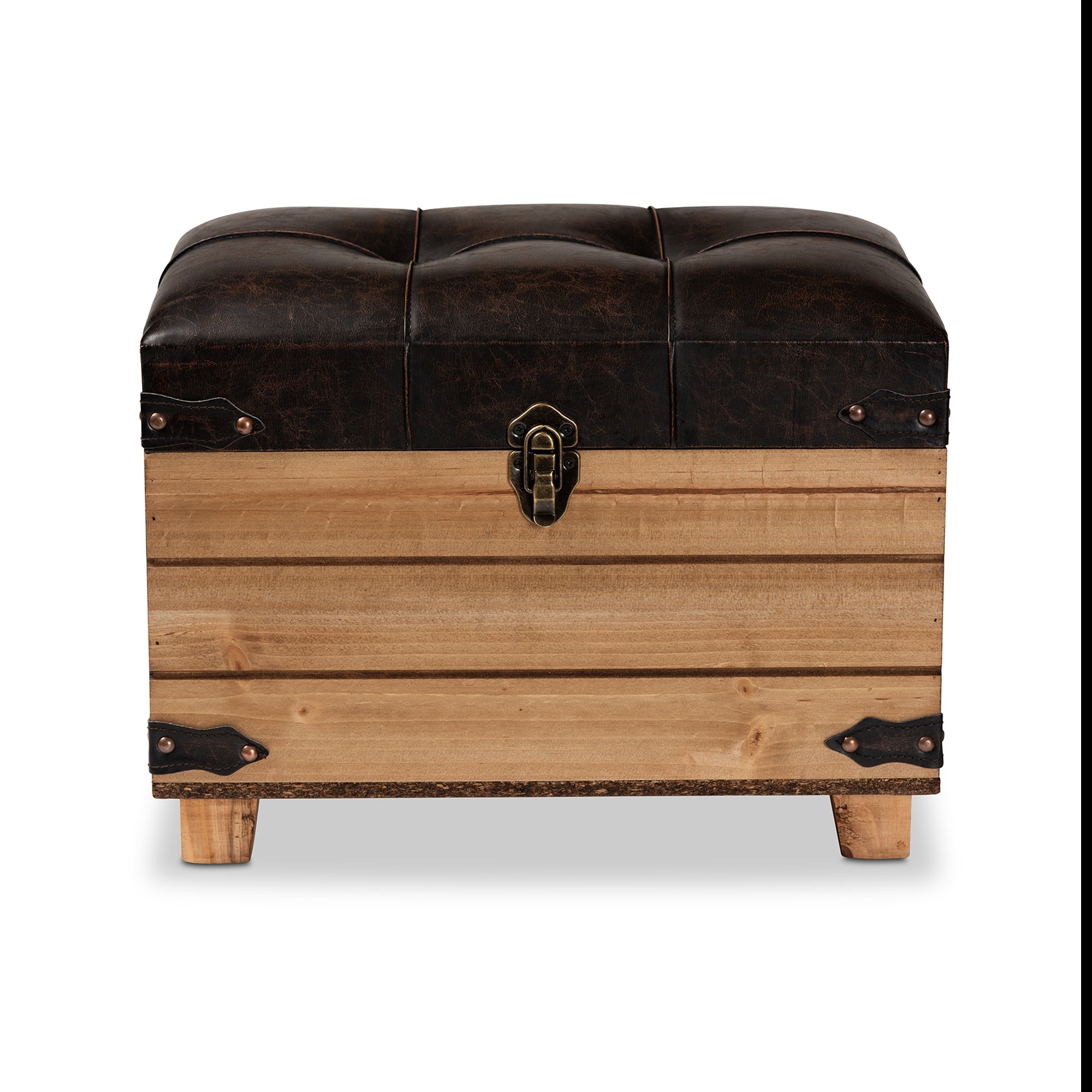 Baxton Studio Edmund Rustic Transitional Dark Brown Faux Leather Upholstered and Oak Brown Finished Wood Storage Ottoman