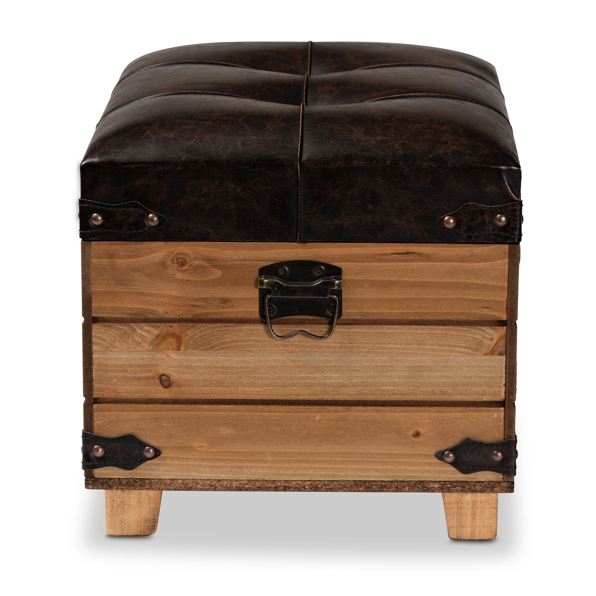Baxton Studio Edmund Rustic Transitional Dark Brown Faux Leather Upholstered and Oak Brown Finished Wood Storage Ottoman