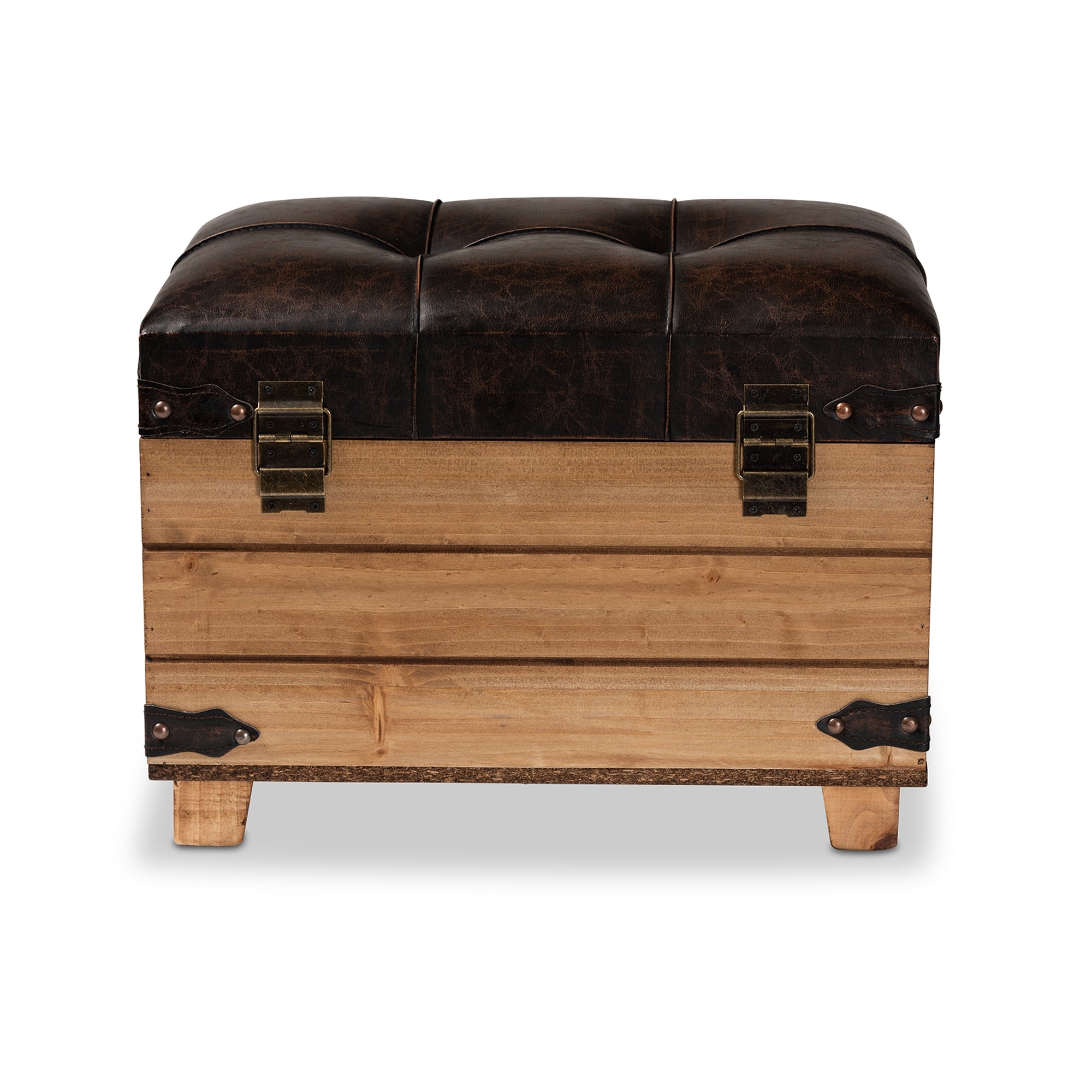 Baxton Studio Edmund Rustic Transitional Dark Brown Faux Leather Upholstered and Oak Brown Finished Wood Storage Ottoman