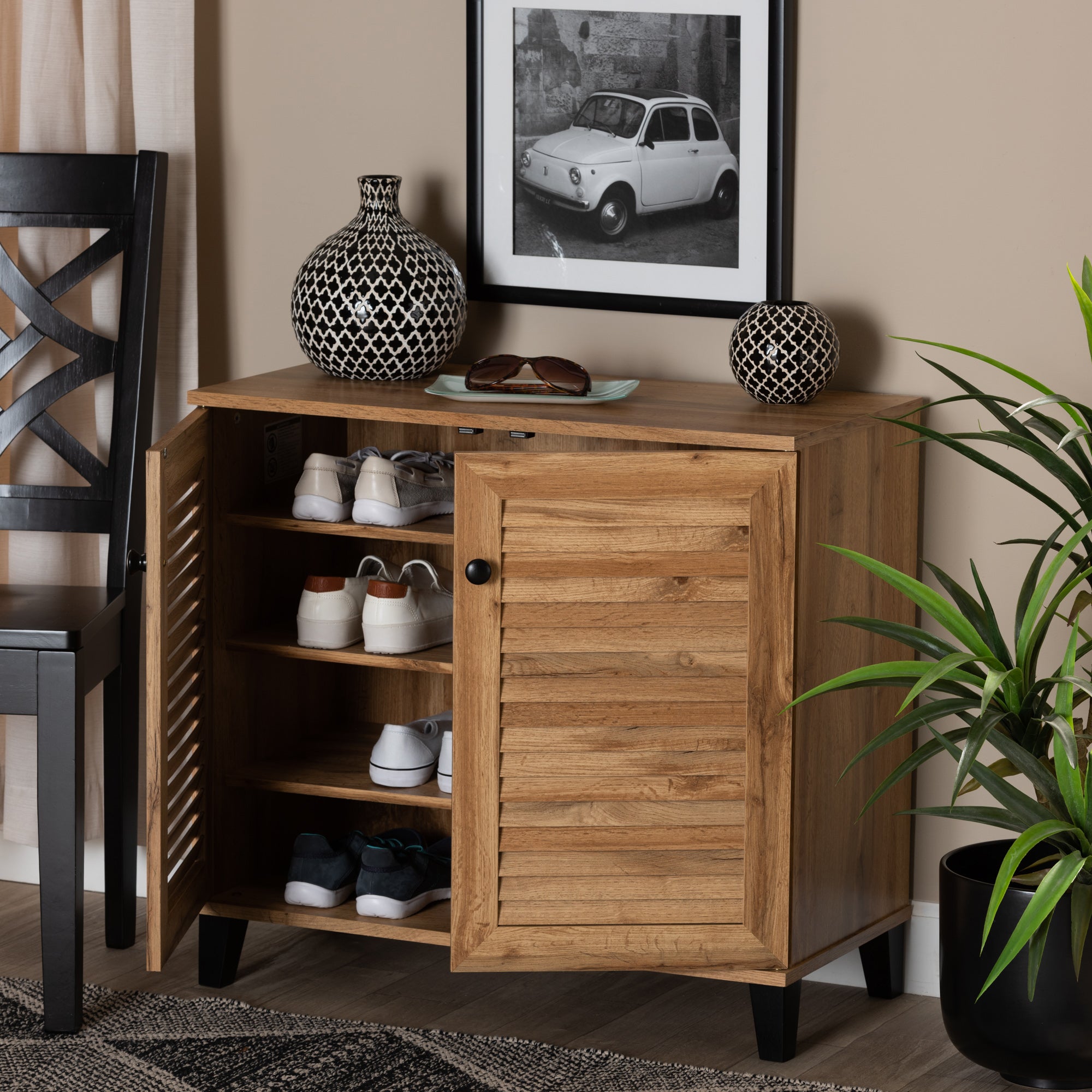 Baxton Studio Coolidge Modern and Contemporary Oak Brown Finished Wood 2-Door Shoe Storage Cabinet