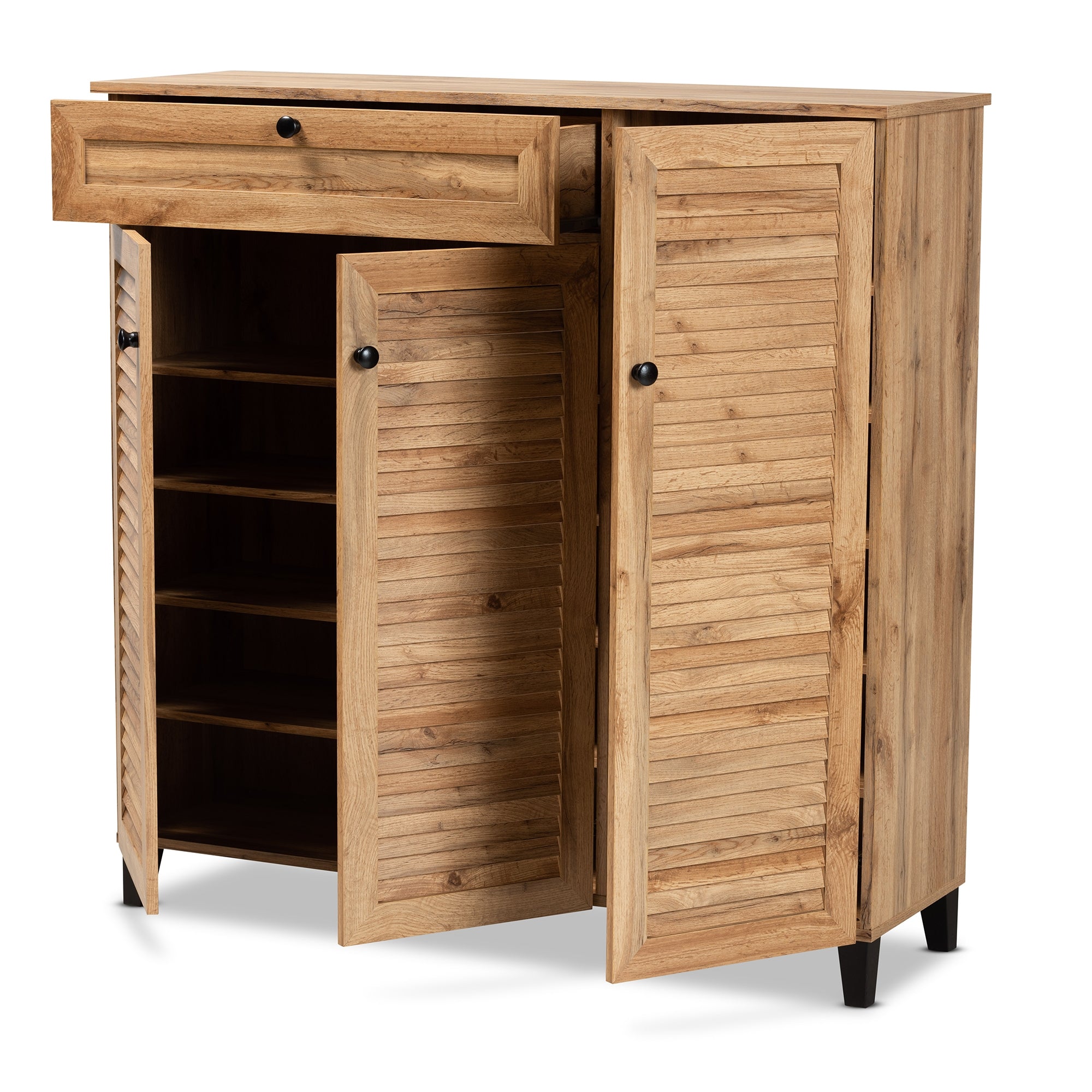 Baxton Studio Coolidge Modern and Contemporary Oak Brown Finished Wood 3-Door Shoe Storage Cabinet with Drawer