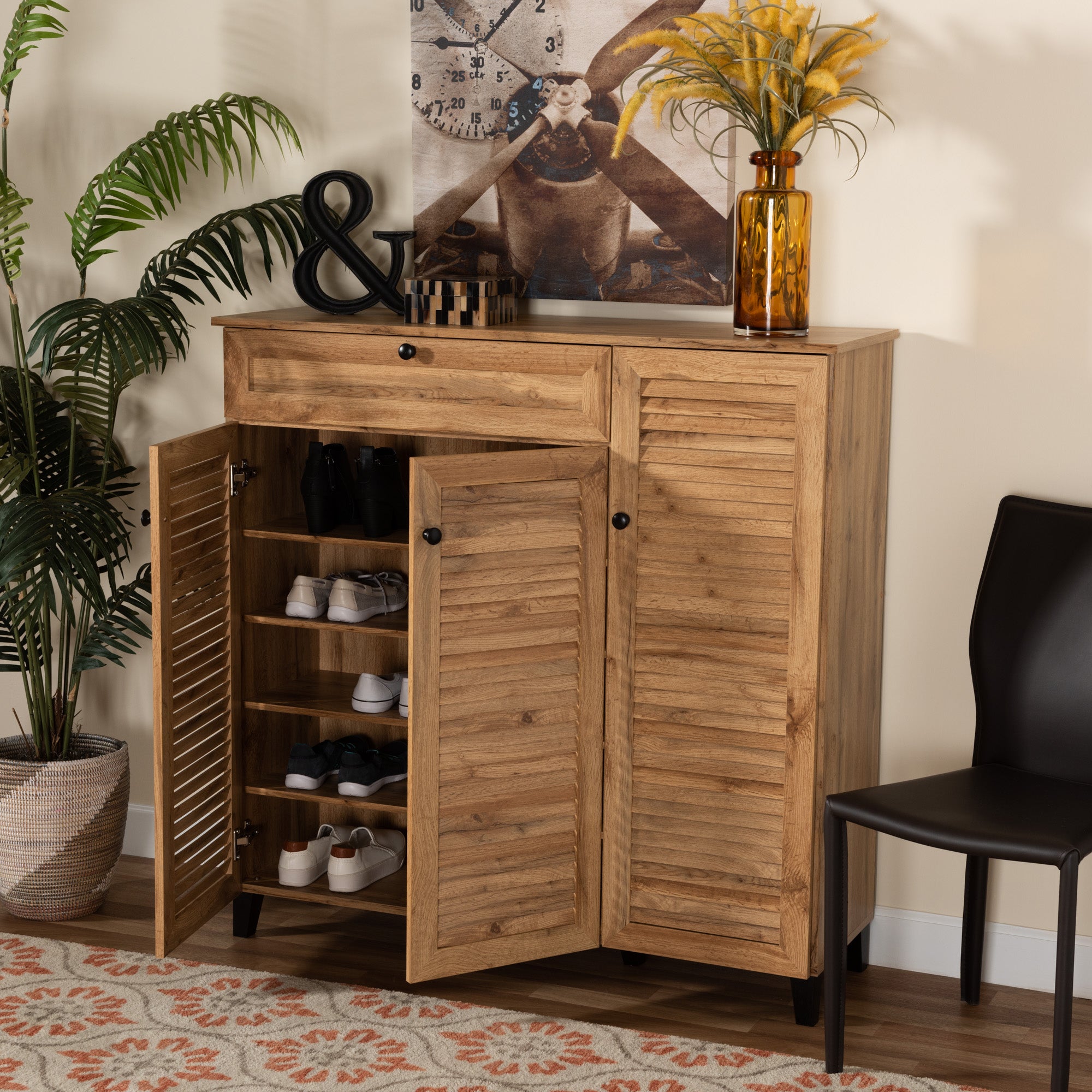 Baxton Studio Coolidge Modern and Contemporary Oak Brown Finished Wood 3-Door Shoe Storage Cabinet with Drawer
