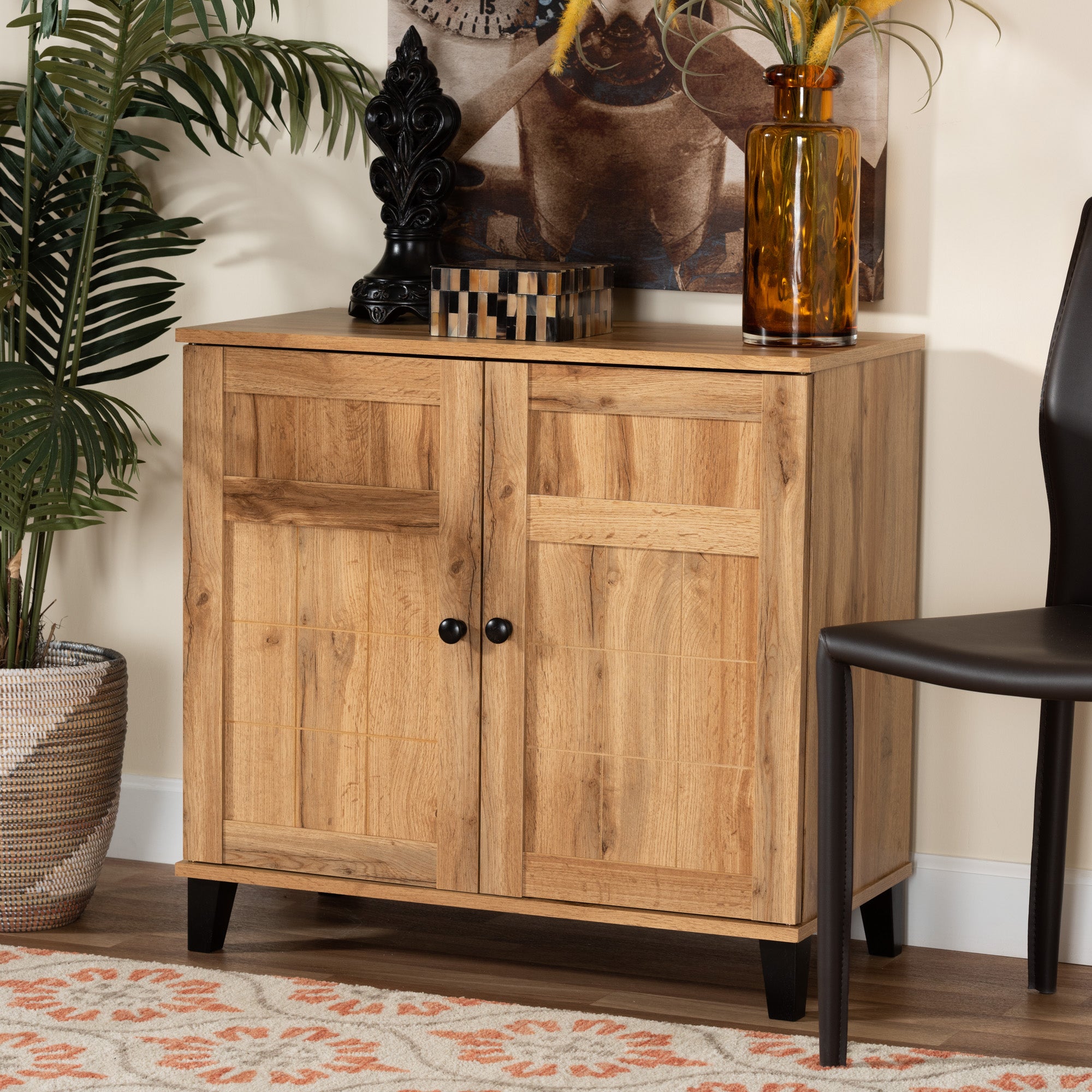 Baxton Studio Glidden Modern and Contemporary Oak Brown Finished Wood 2-Door Shoe Storage Cabinet