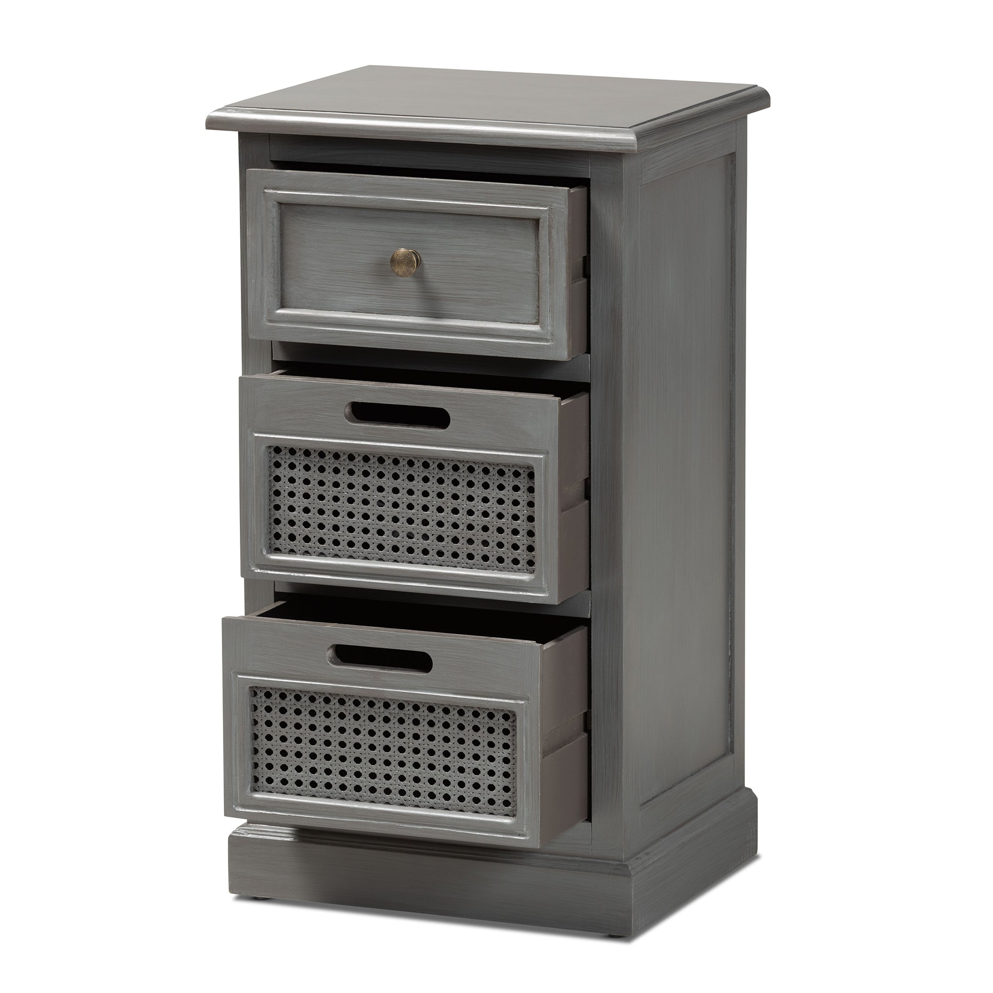 Baxton Studio Sheldon Modern and Contemporary Vintage Grey Finished Wood and Synthetic Rattan 3-Drawer End Table