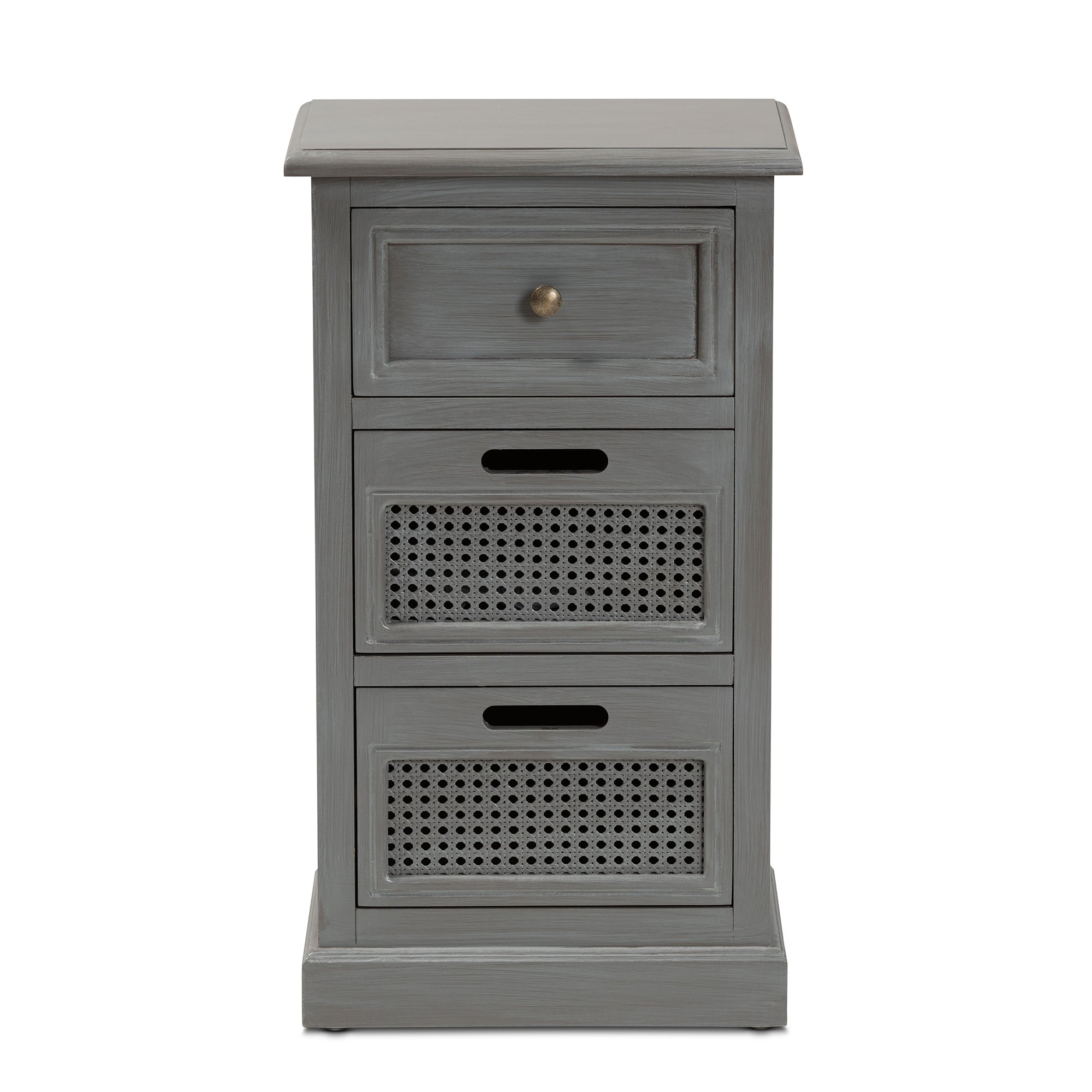 Baxton Studio Sheldon Modern and Contemporary Vintage Grey Finished Wood and Synthetic Rattan 3-Drawer End Table