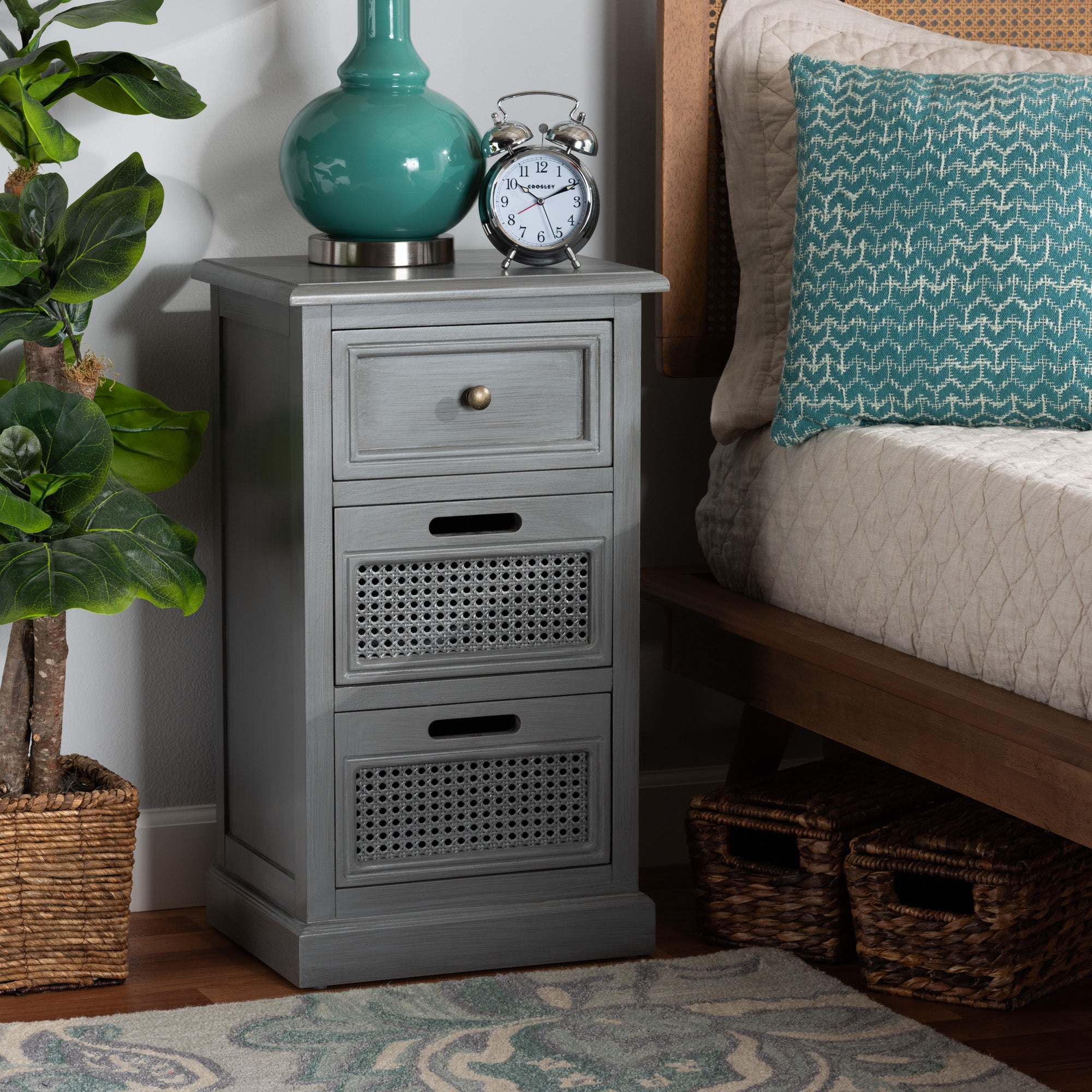 Baxton Studio Sheldon Modern and Contemporary Vintage Grey Finished Wood and Synthetic Rattan 3-Drawer End Table