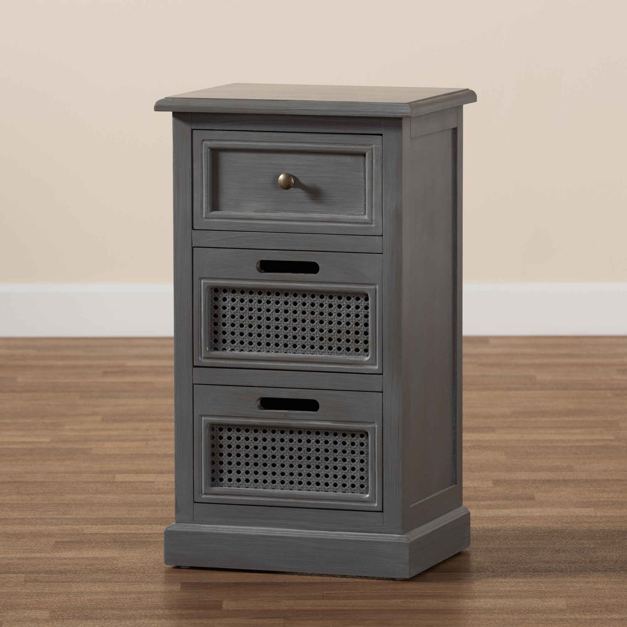 Baxton Studio Sheldon Modern and Contemporary Vintage Grey Finished Wood and Synthetic Rattan 3-Drawer End Table