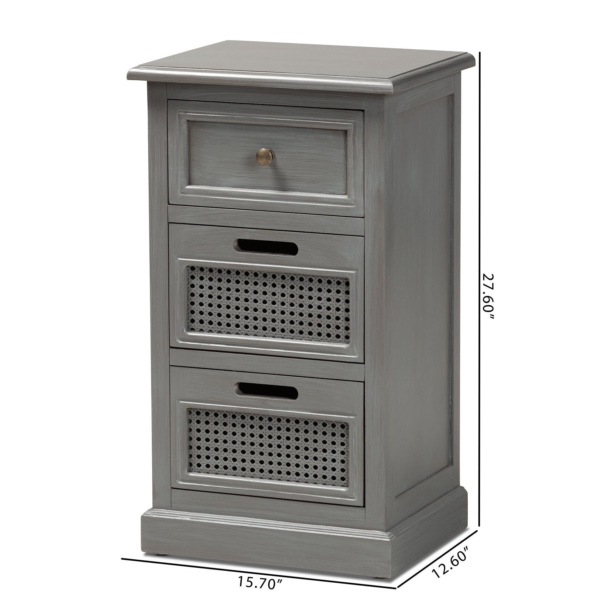 Baxton Studio Sheldon Modern and Contemporary Vintage Grey Finished Wood and Synthetic Rattan 3-Drawer End Table