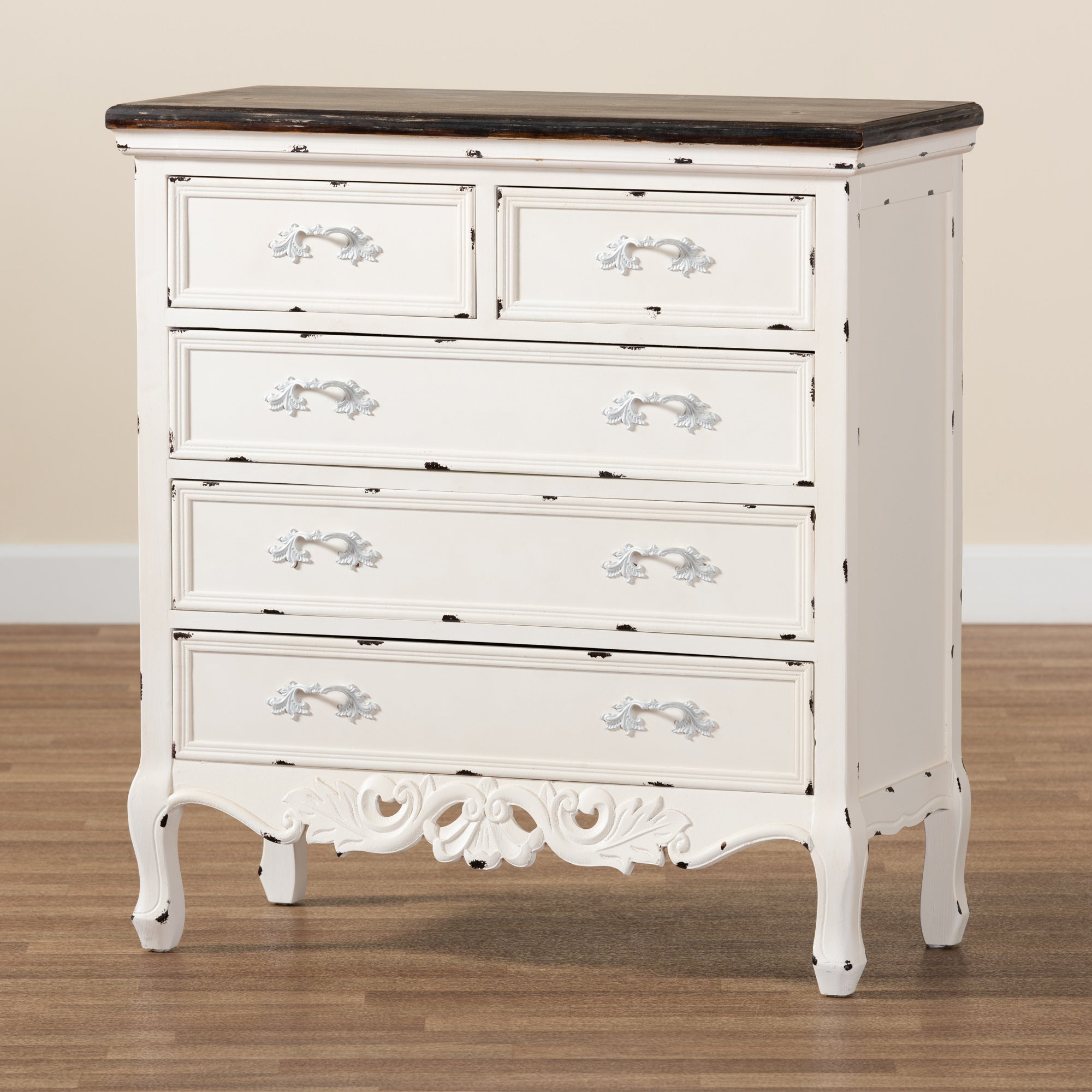 Baxton Studio Levron Classic and Traditional Two-Tone Walnut Brown and Antique White Finished Wood 5-Drawer Storage Cabinet