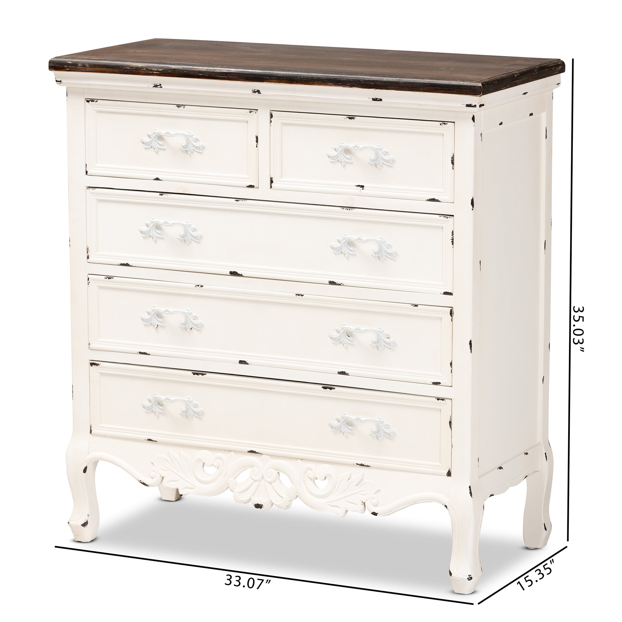 Baxton Studio Levron Classic and Traditional Two-Tone Walnut Brown and Antique White Finished Wood 5-Drawer Storage Cabinet
