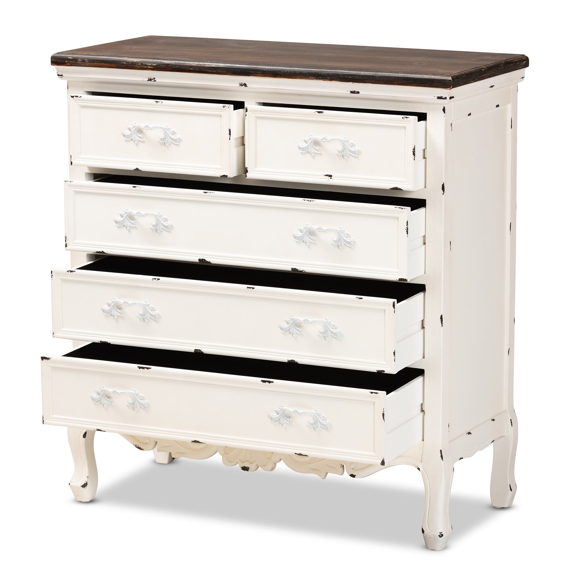 Baxton Studio Levron Classic and Traditional Two-Tone Walnut Brown and Antique White Finished Wood 5-Drawer Storage Cabinet
