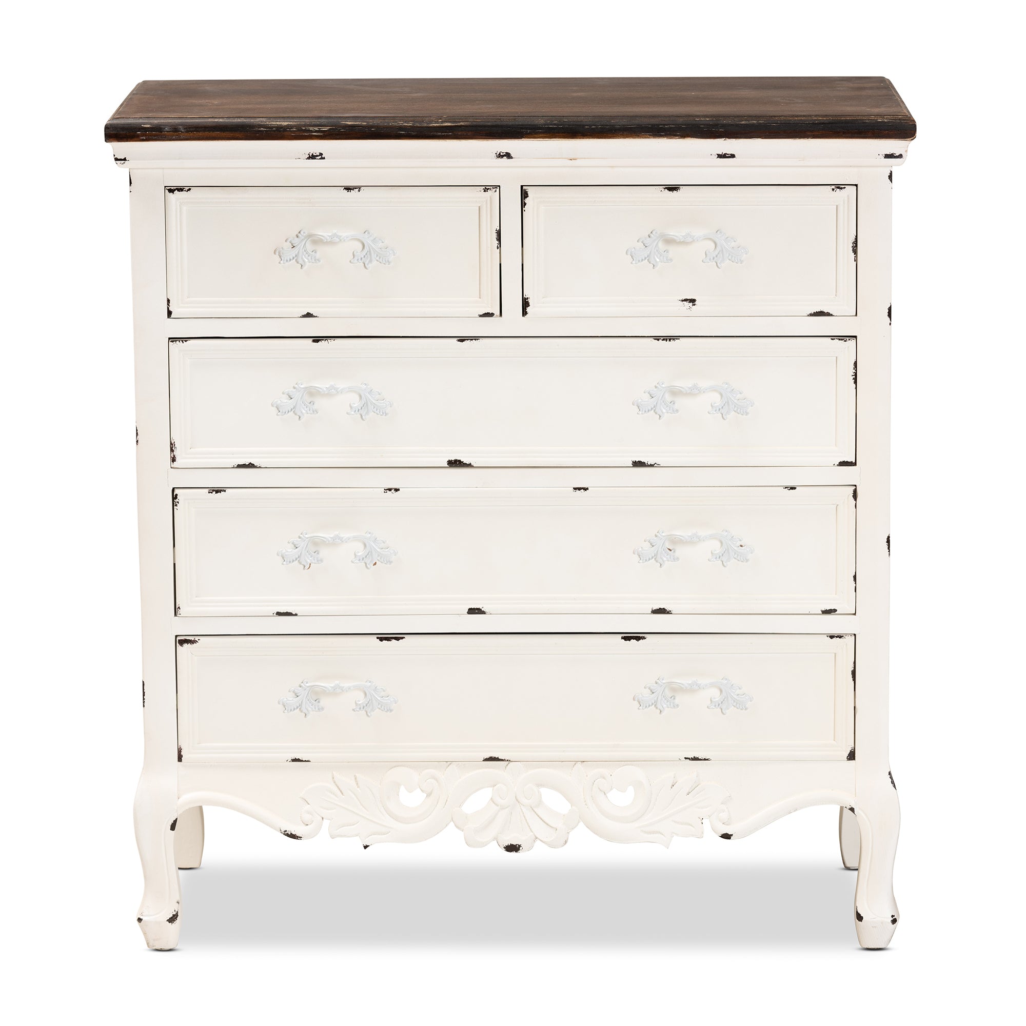Baxton Studio Levron Classic and Traditional Two-Tone Walnut Brown and Antique White Finished Wood 5-Drawer Storage Cabinet