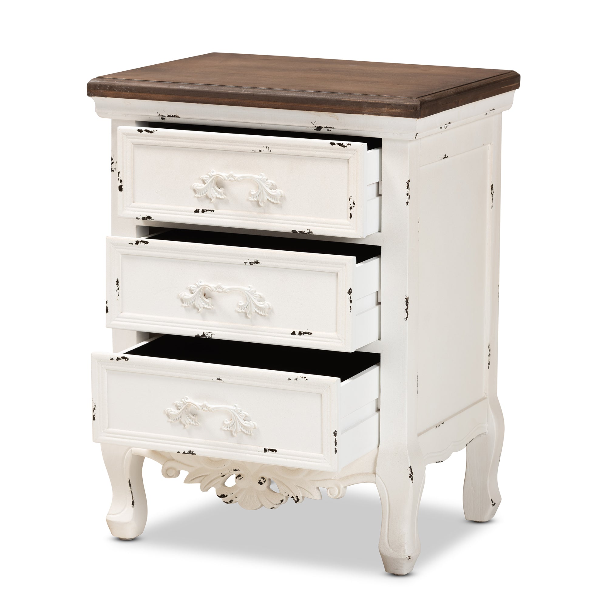 Baxton Studio Levron Classic and Traditional Walnut Brown and Antique White Finished Wood 3-Drawer End Table
