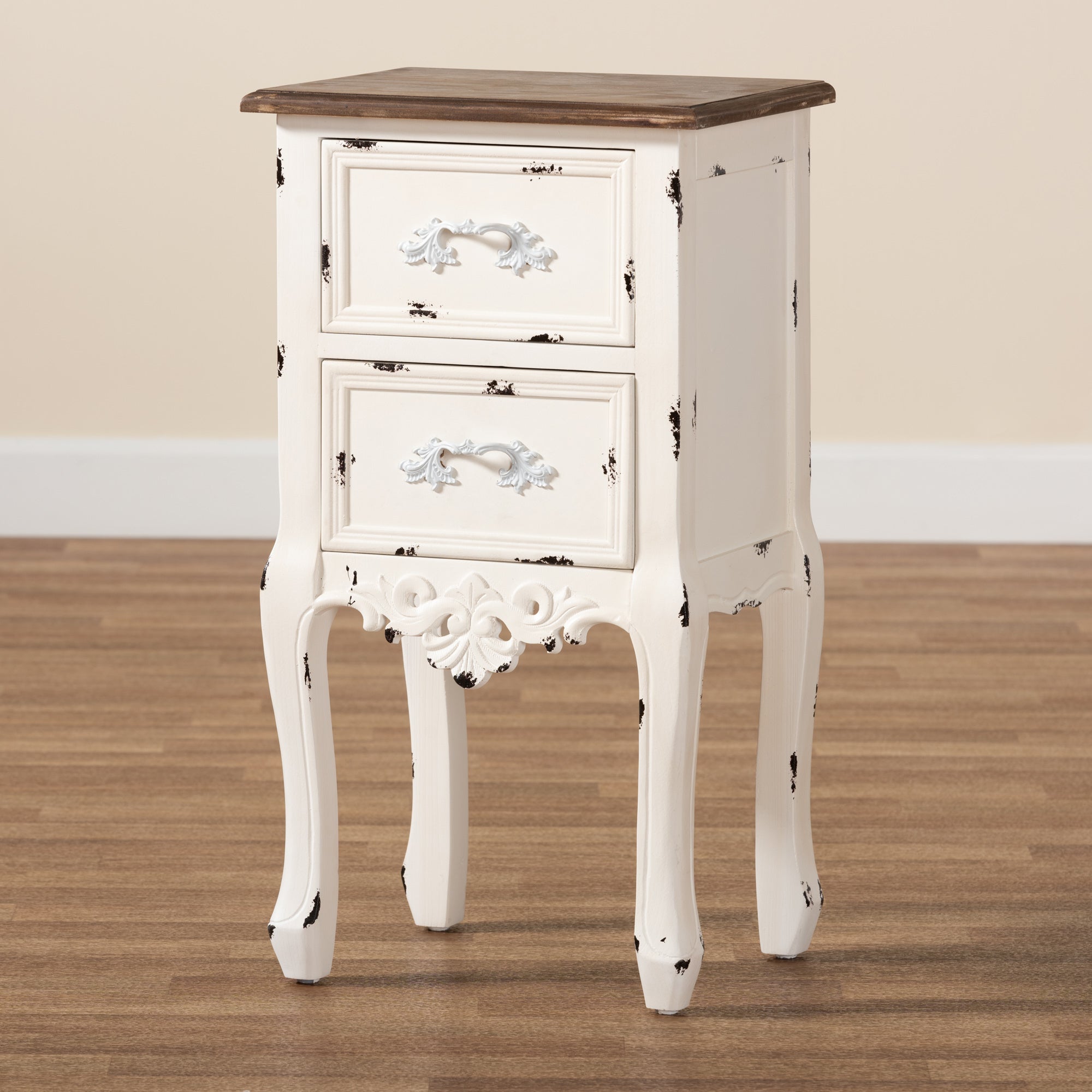 Baxton Studio Levron Classic and Traditional Two-Tone Walnut Brown and Antique White Finished Wood 2-Drawer End Table