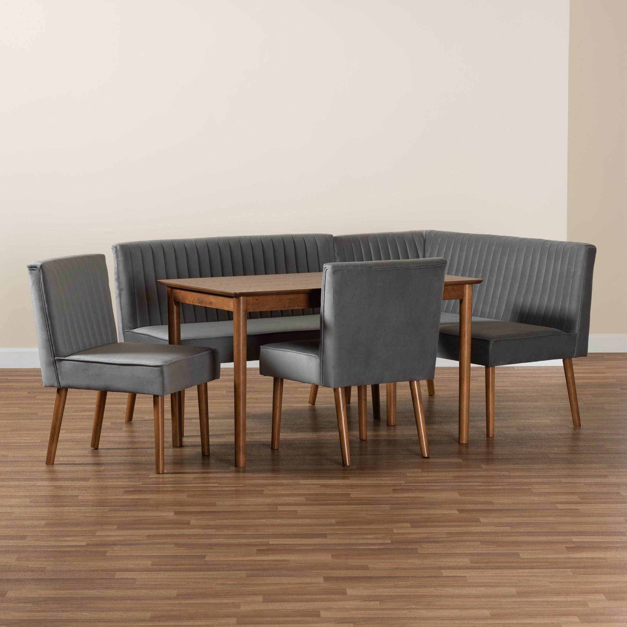 Baxton Studio Alvis Mid-Century Modern Grey Velvet Upholstered and Walnut Brown Finished Wood 5-Piece Dining Nook Set