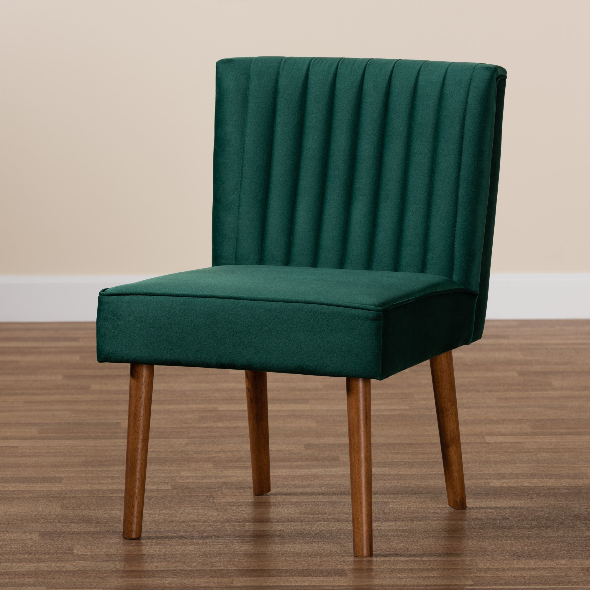 Baxton Studio Alvis Mid-Century Modern Emerald Green Velvet Upholstered and Walnut Brown Finished Wood Dining Chair