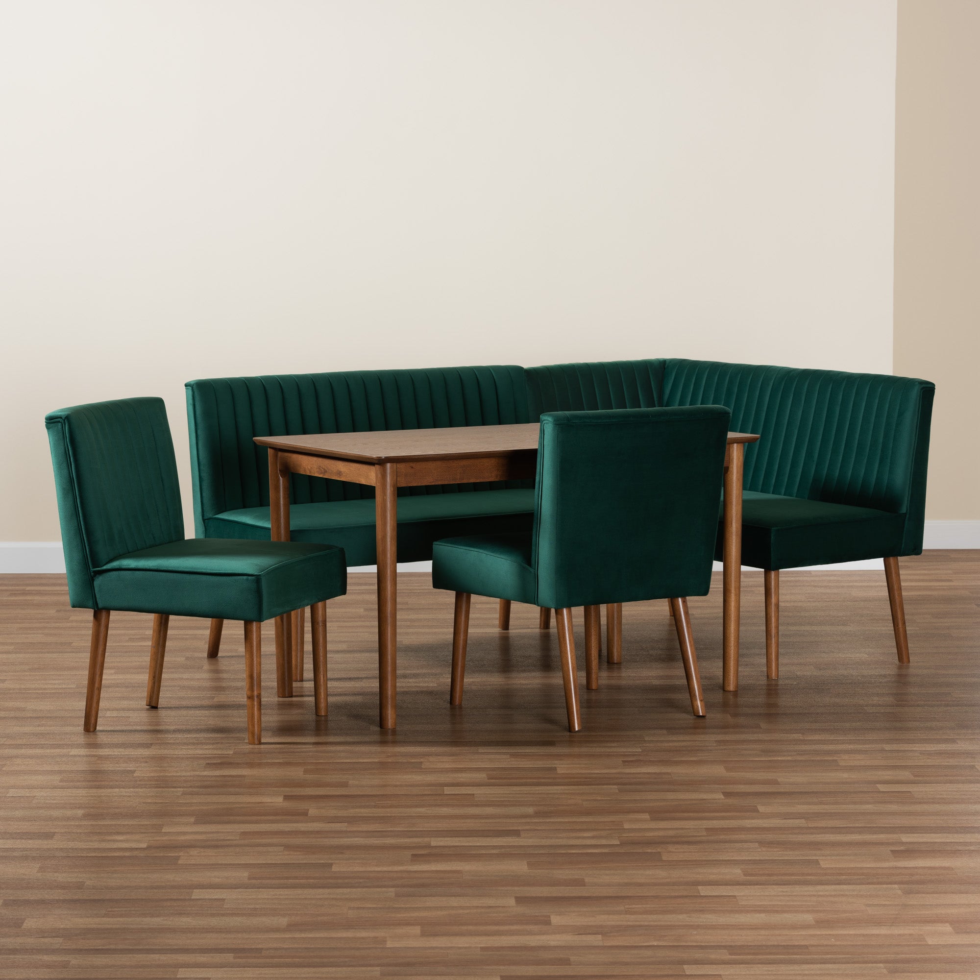 Baxton Studio Alvis Mid-Century Modern Emerald Green Velvet Upholstered and Walnut Brown Finished Wood 5-Piece Dining Nook Set
