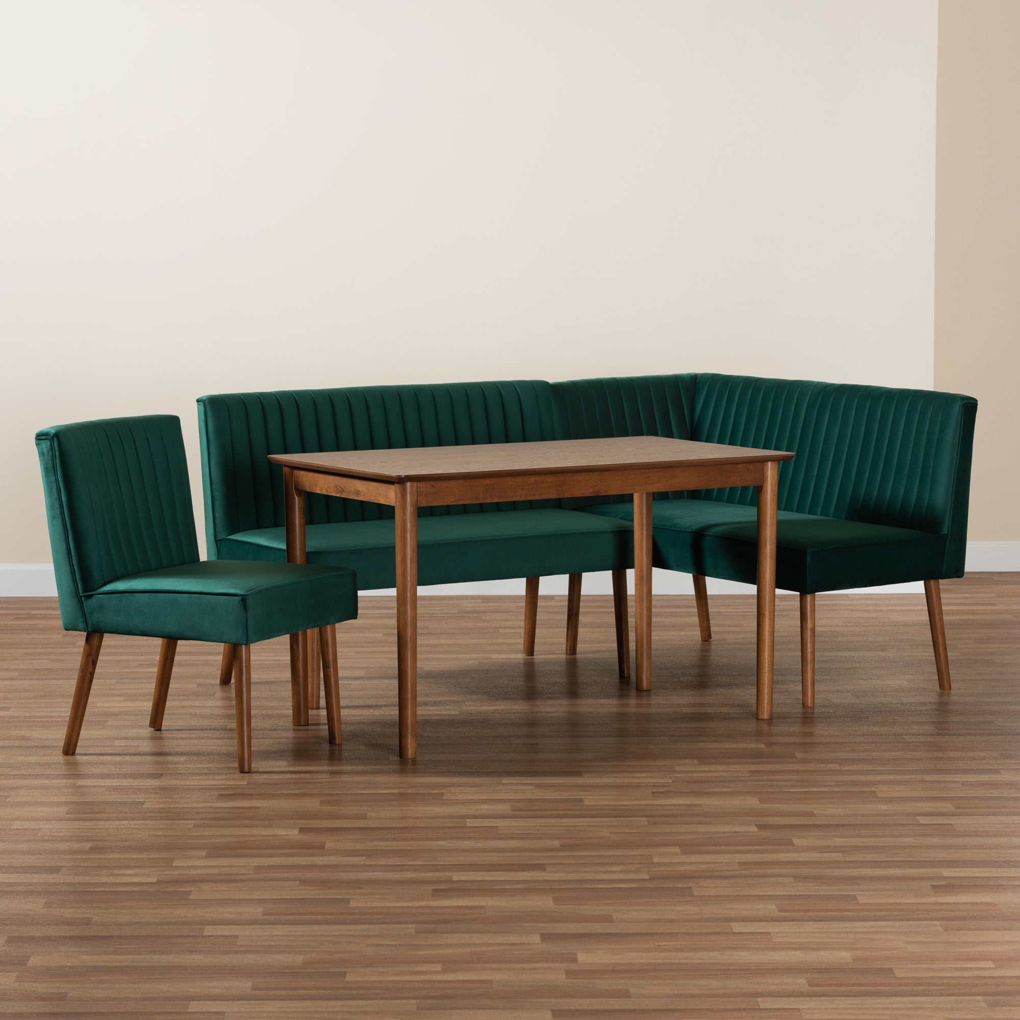Baxton Studio Alvis Mid-Century Modern Emerald Green Velvet Upholstered and Walnut Brown Finished Wood 4-Piece Dining Nook Set
