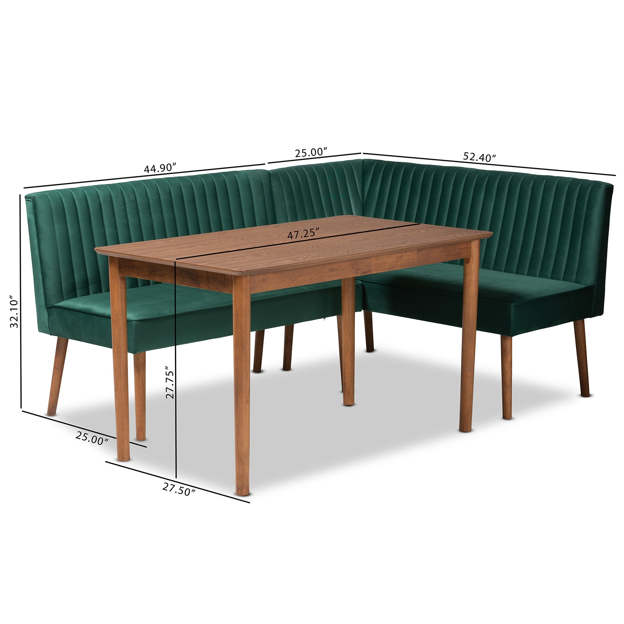 Baxton Studio Alvis Mid-Century Modern Emerald Green Velvet Upholstered and Walnut Brown Finished Wood 3-Piece Dining Nook Set