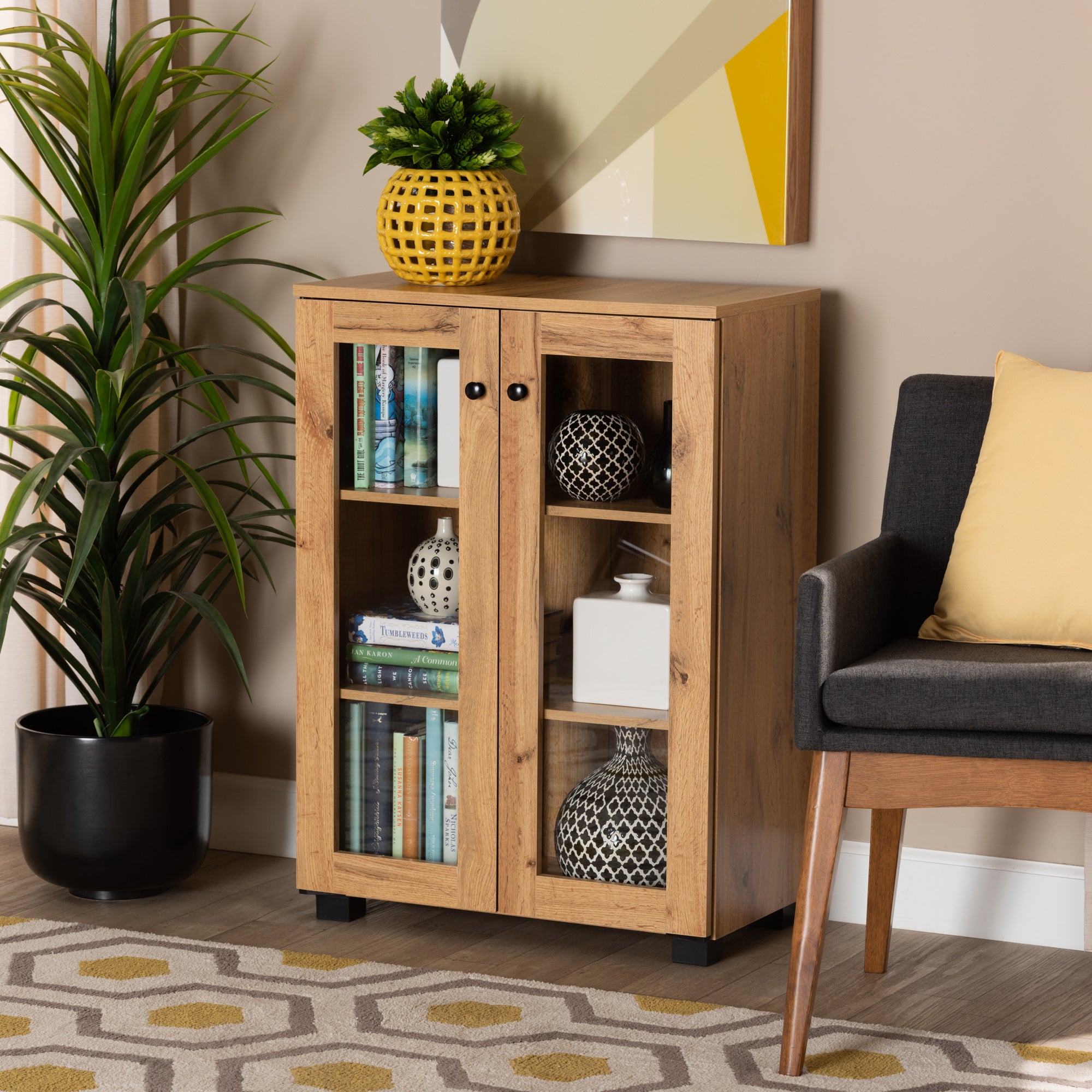 Baxton Studio Mason Modern and Contemporary Oak Brown Finished Wood 2-Door Storage Cabinet with Glass Doors