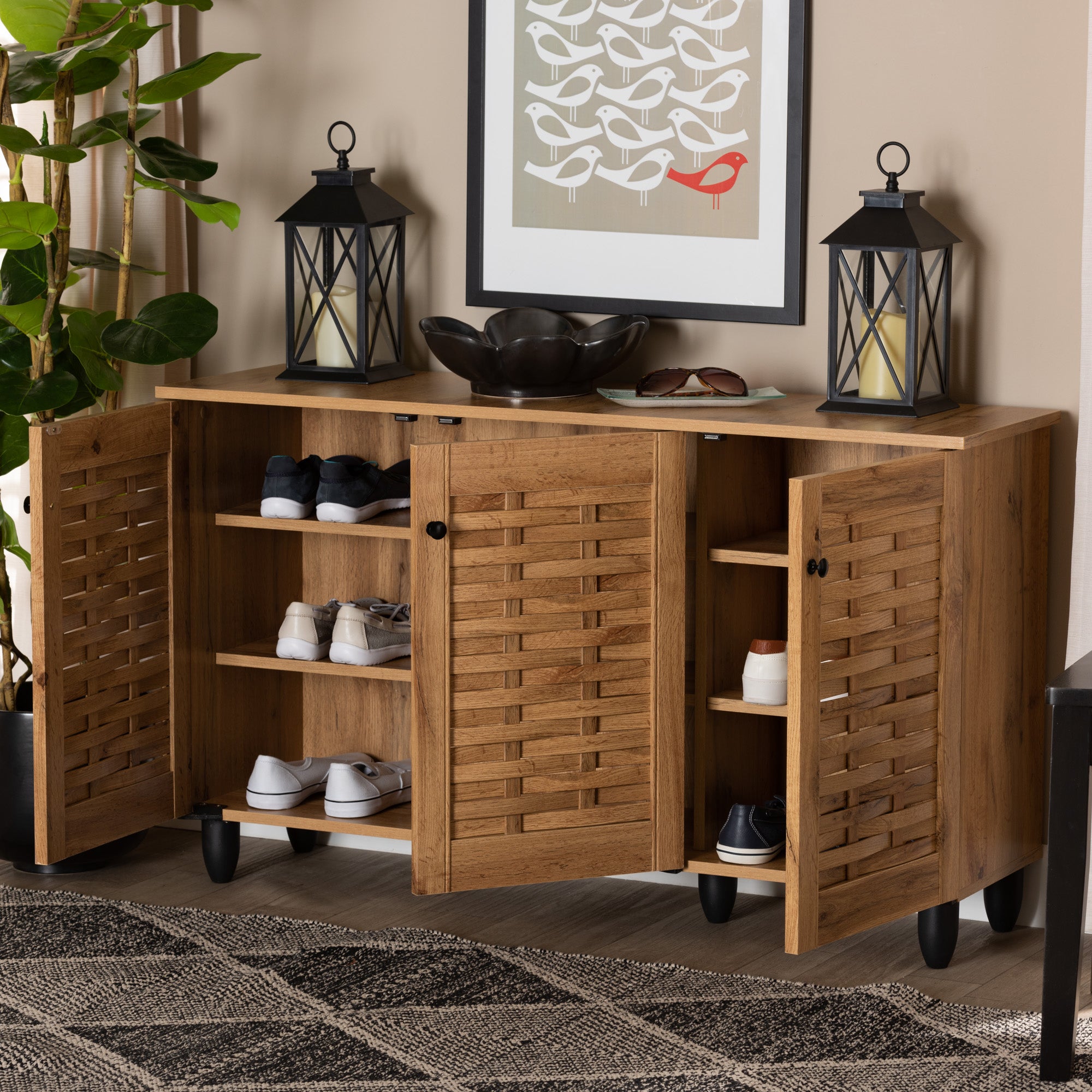 Baxton Studio Winda Modern and Contemporary Oak Brown Finished Wood 3-Door Shoe Cabinet