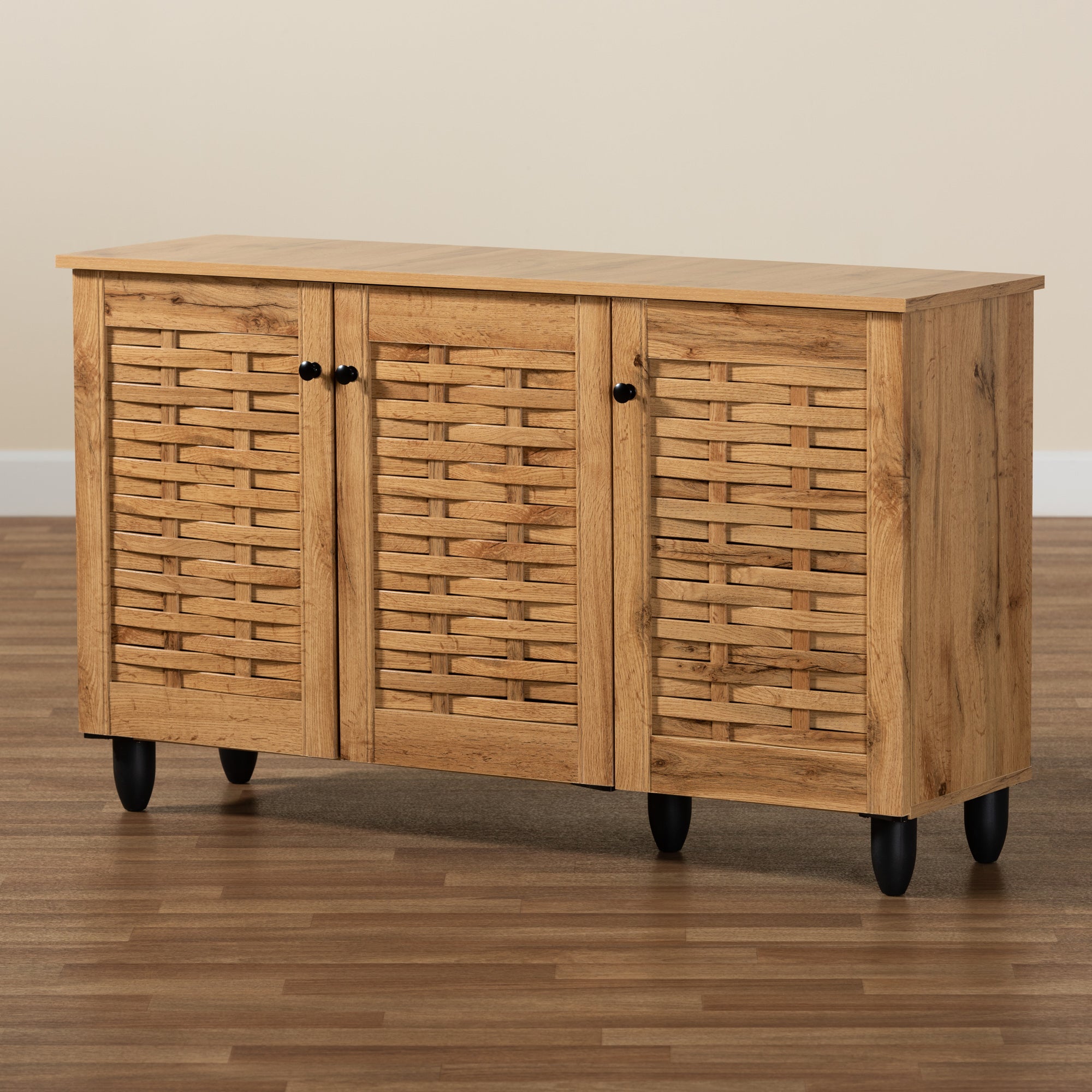 Baxton Studio Winda Modern and Contemporary Oak Brown Finished Wood 3-Door Shoe Cabinet