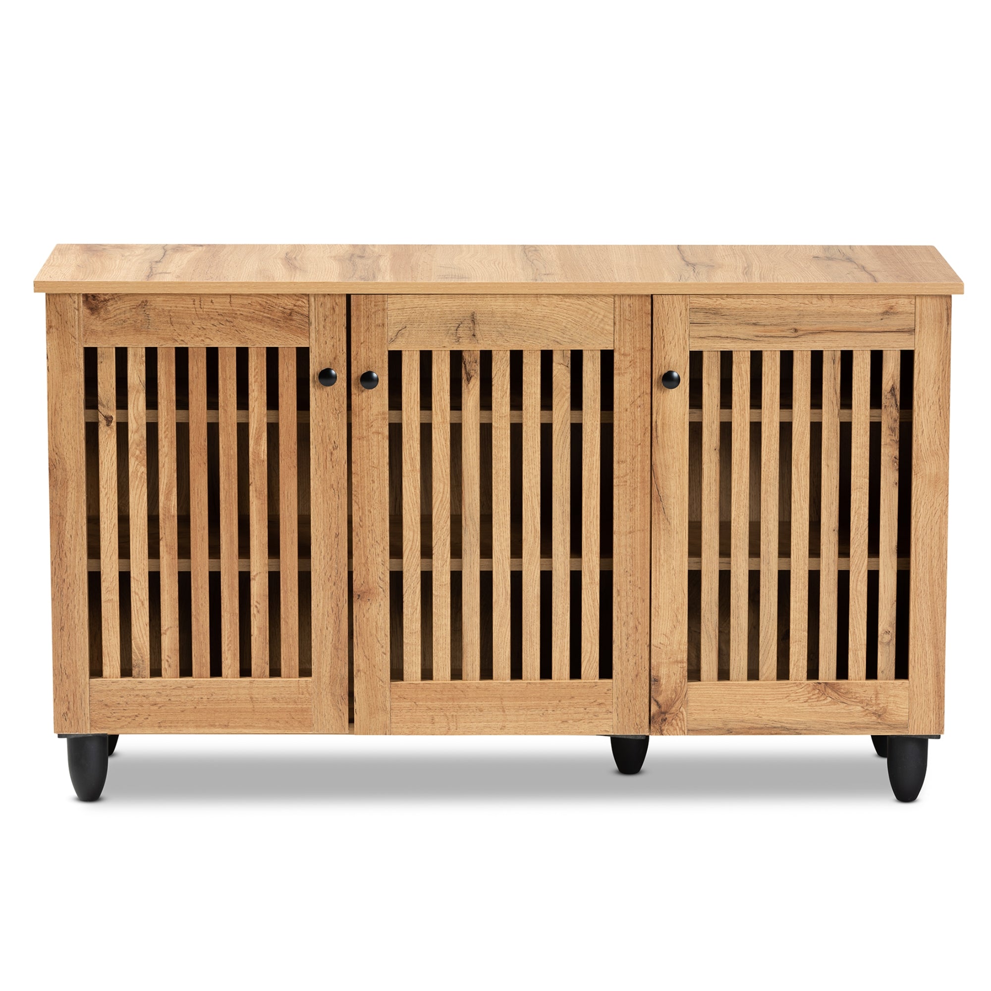 Baxton Studio Fernanda Modern and Contemporary Oak Brown Finished Wood 3-Door Shoe Cabinet