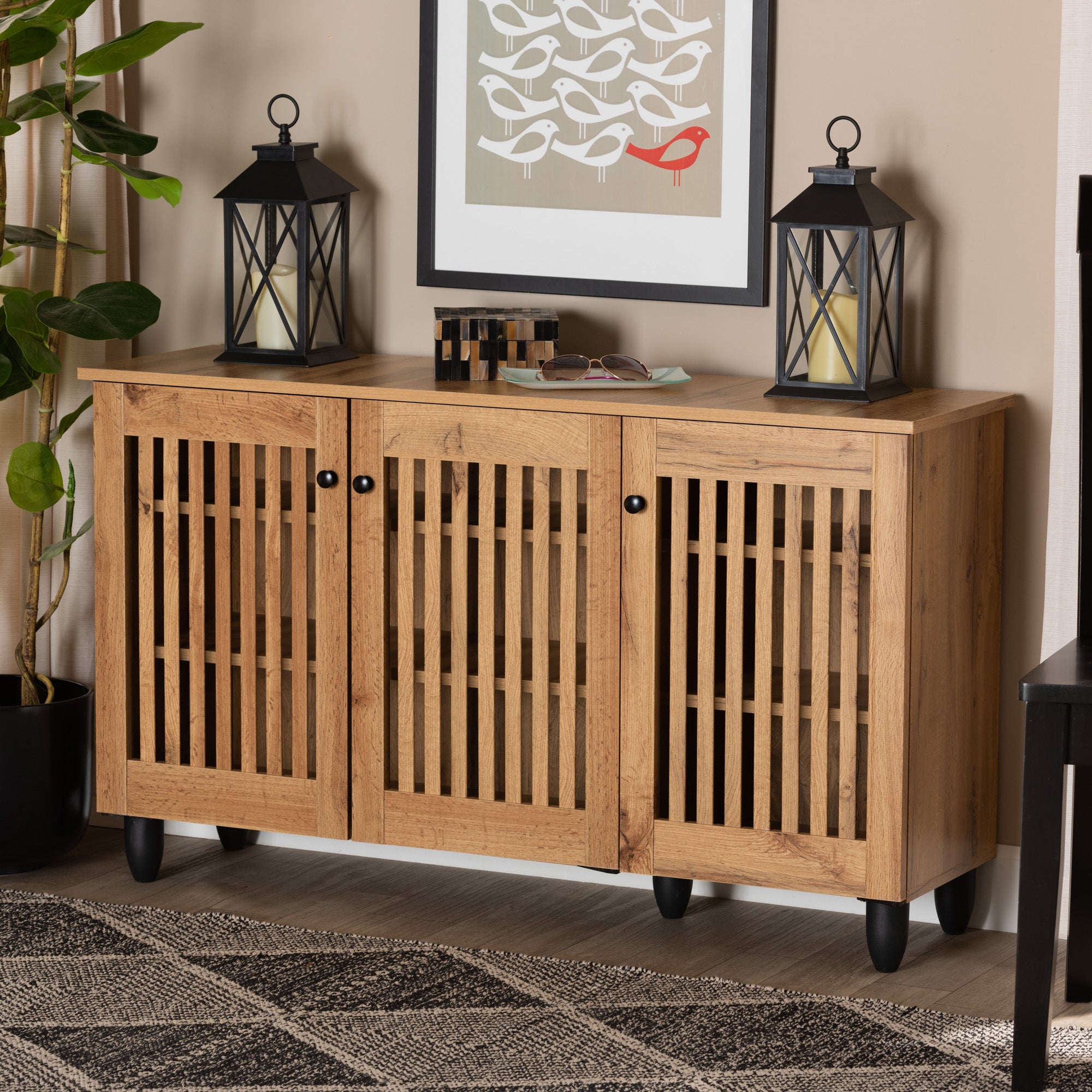 Baxton Studio Fernanda Modern and Contemporary Oak Brown Finished Wood 3-Door Shoe Cabinet