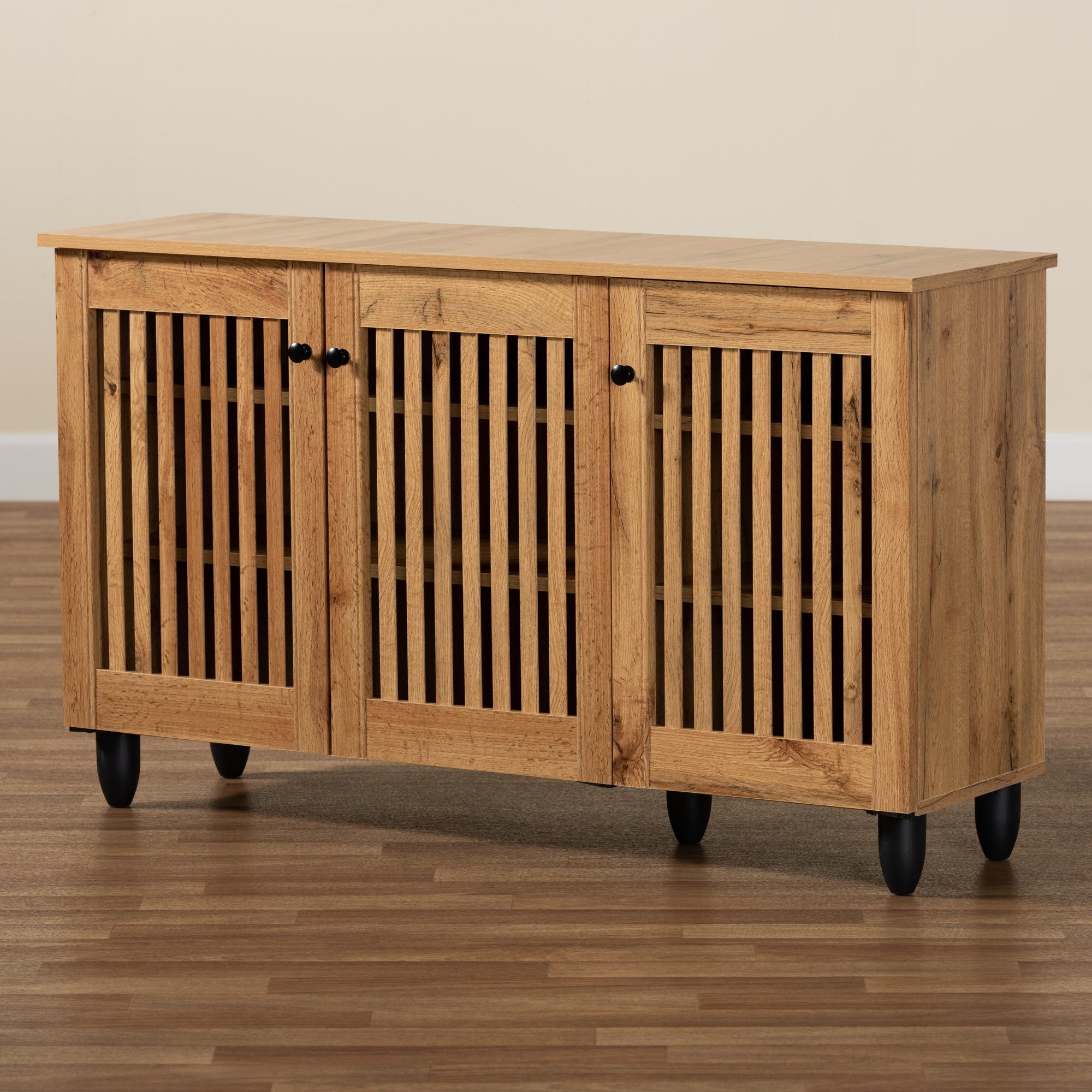 Baxton Studio Fernanda Modern and Contemporary Oak Brown Finished Wood 3-Door Shoe Cabinet