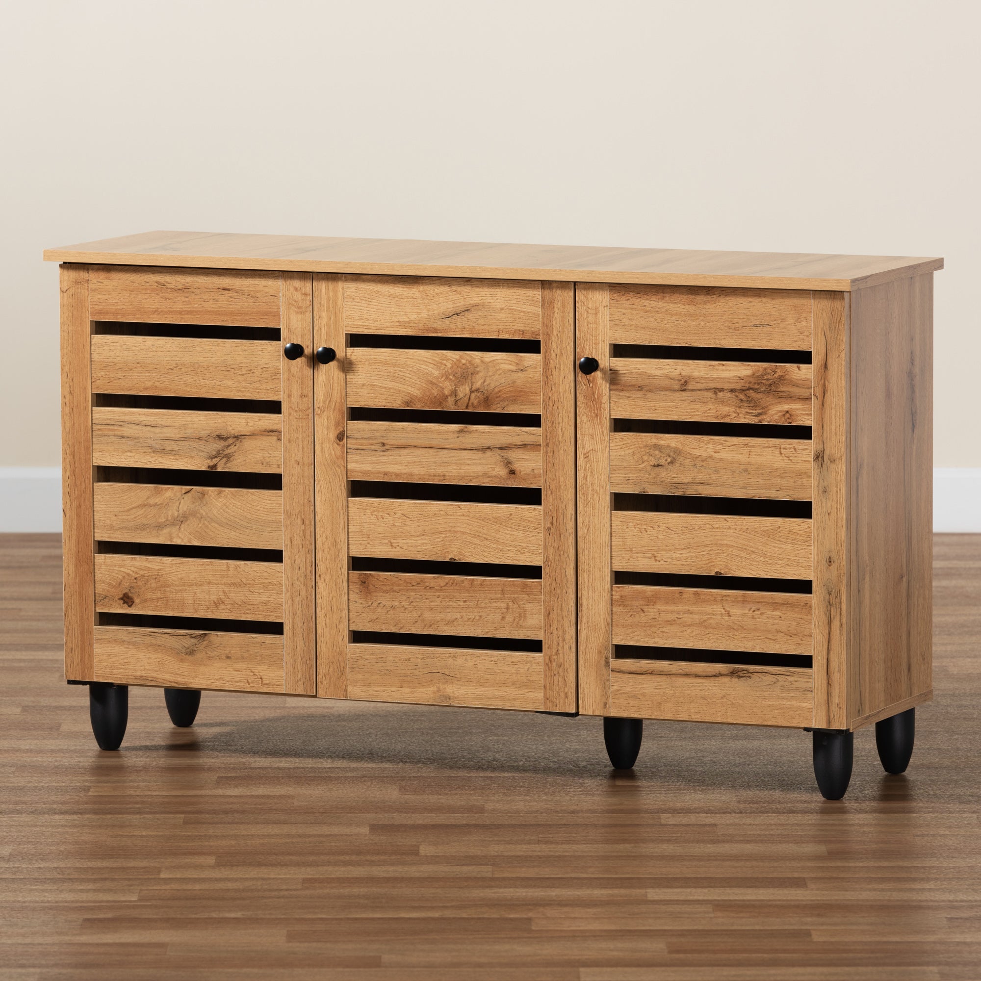 Baxton Studio Gisela Modern and Contemporary Oak Brown Finished Wood 3-Door Shoe Storage Cabinet