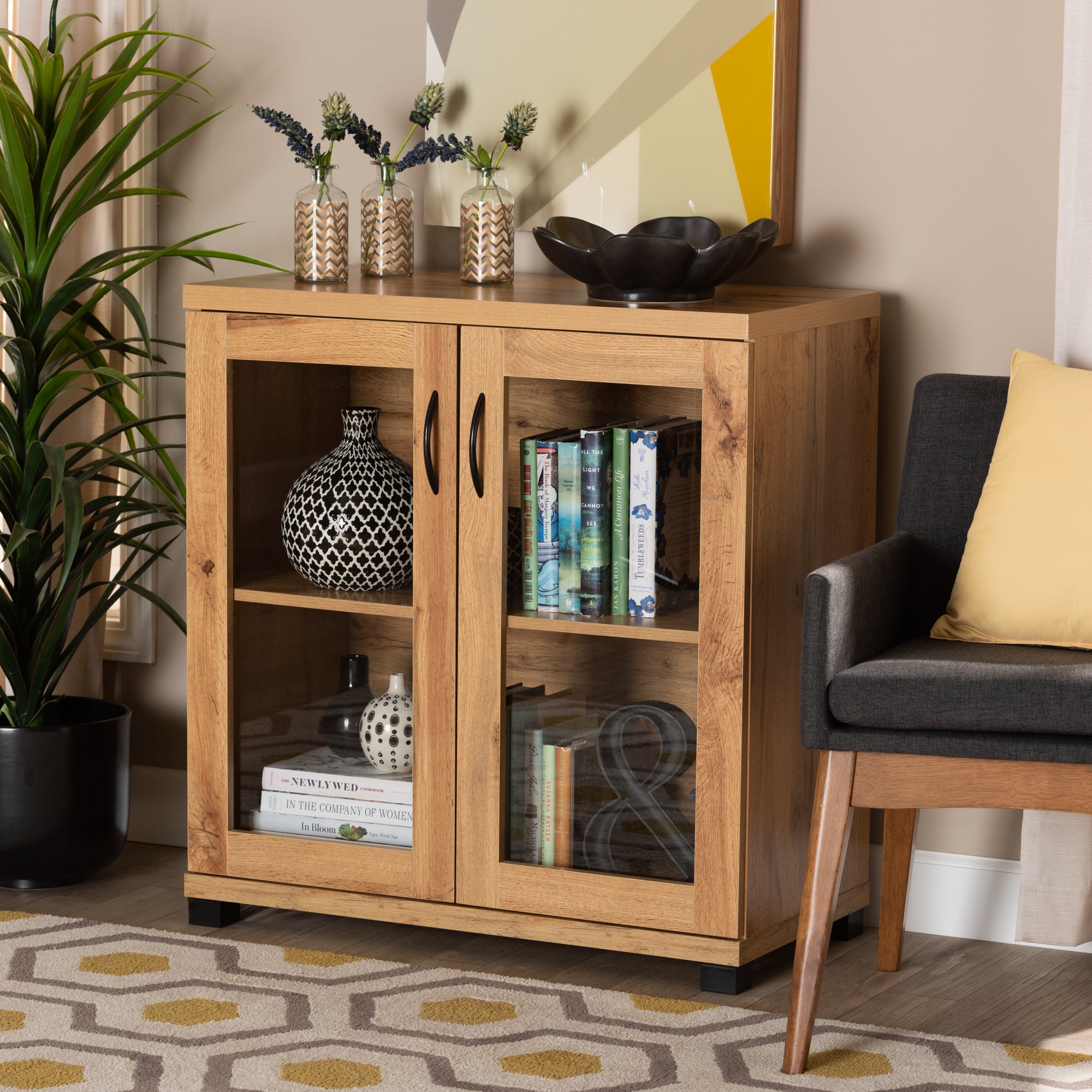 Baxton Studio Zentra Modern and Contemporary Oak Brown Finished Wood 2-Door Storage Cabinet with Glass Doors