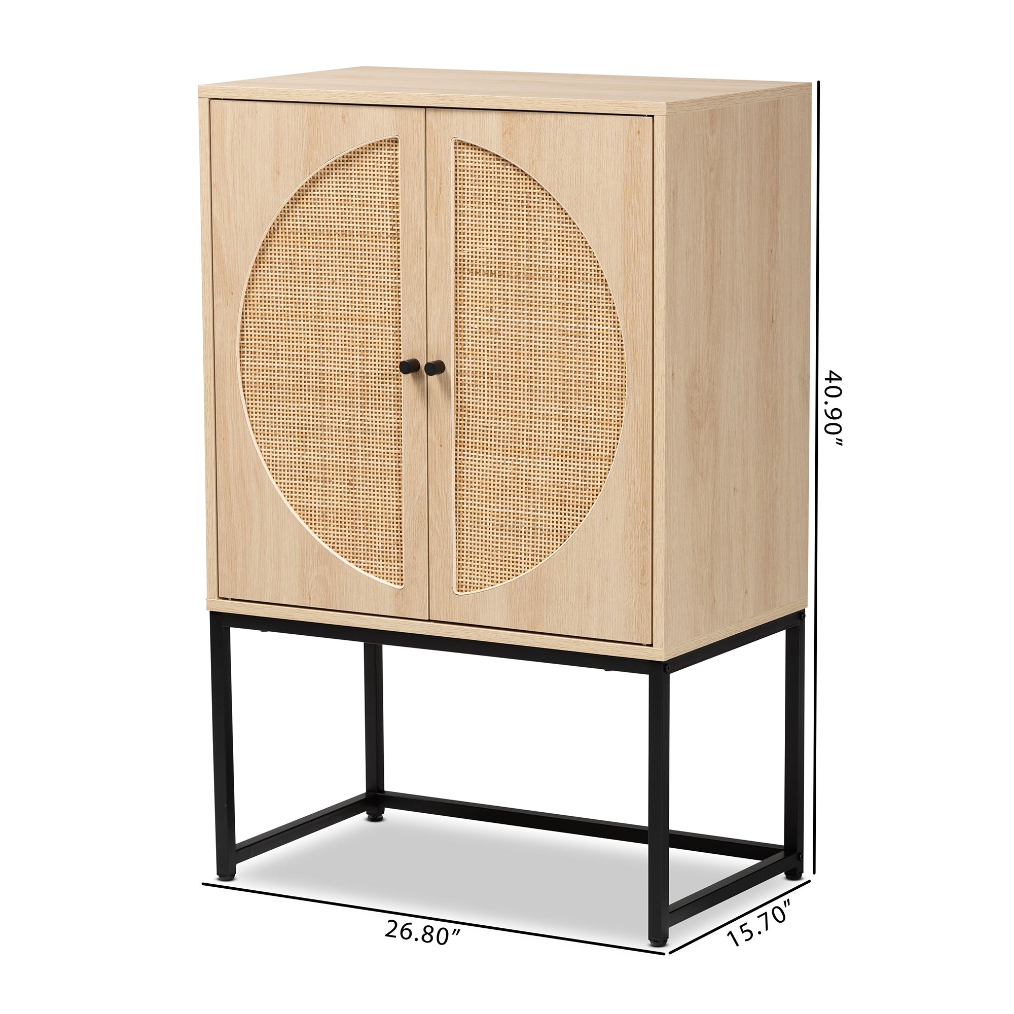 Baxton Studio Ardon Bohemian Light Brown Finished Wood and Black Metal 2-Door Storage Cabinet with Natural Rattan