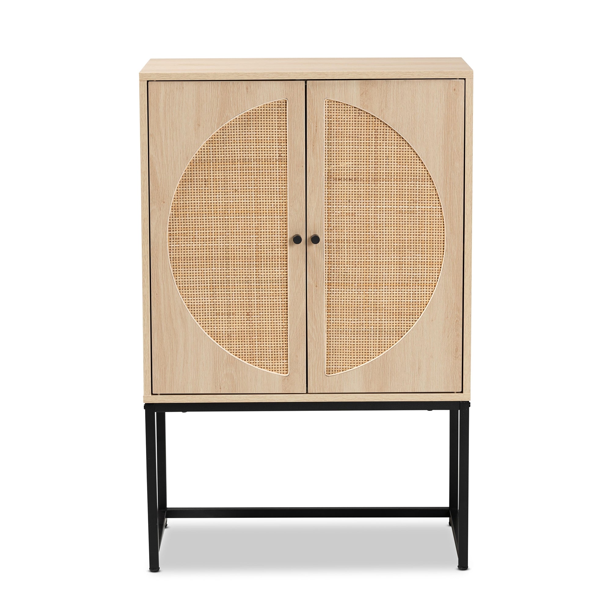 Baxton Studio Ardon Bohemian Light Brown Finished Wood and Black Metal 2-Door Storage Cabinet with Natural Rattan