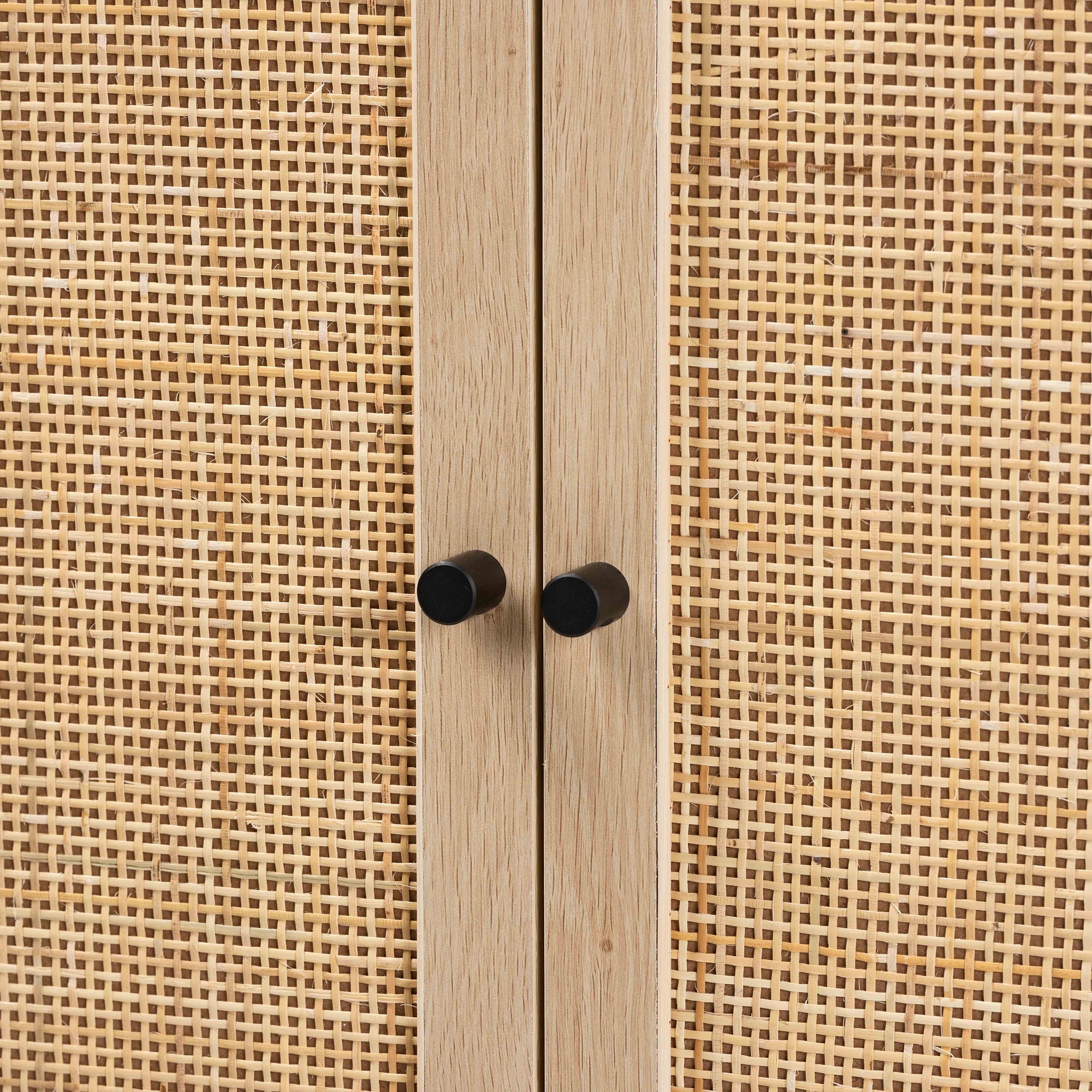 Baxton Studio Ardon Bohemian Light Brown Finished Wood and Black Metal 2-Door Storage Cabinet with Natural Rattan